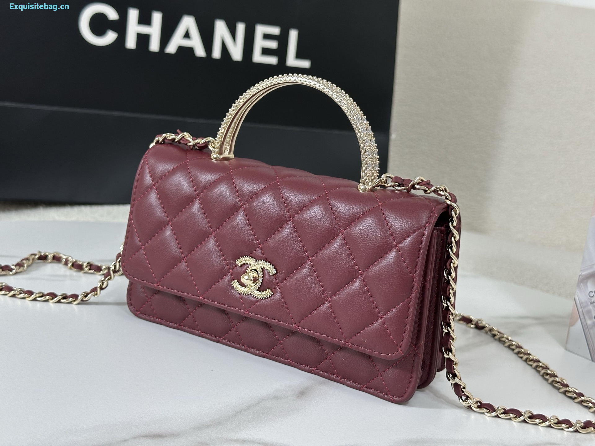 Chanel Lambskin Quilted Pick Me Up Wallet On Chain WOC Burgundy