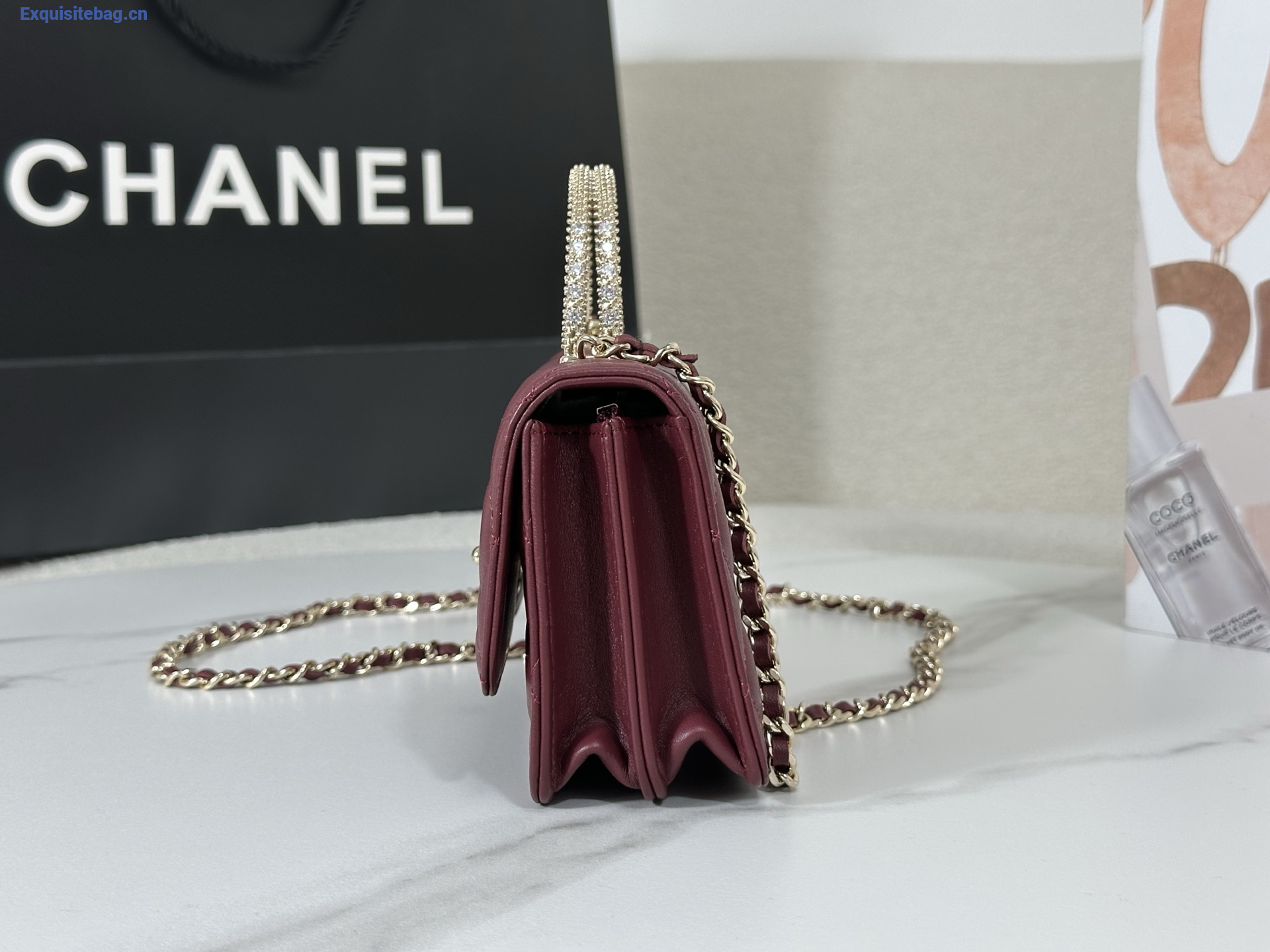 Chanel Lambskin Quilted Pick Me Up Wallet On Chain WOC Burgundy