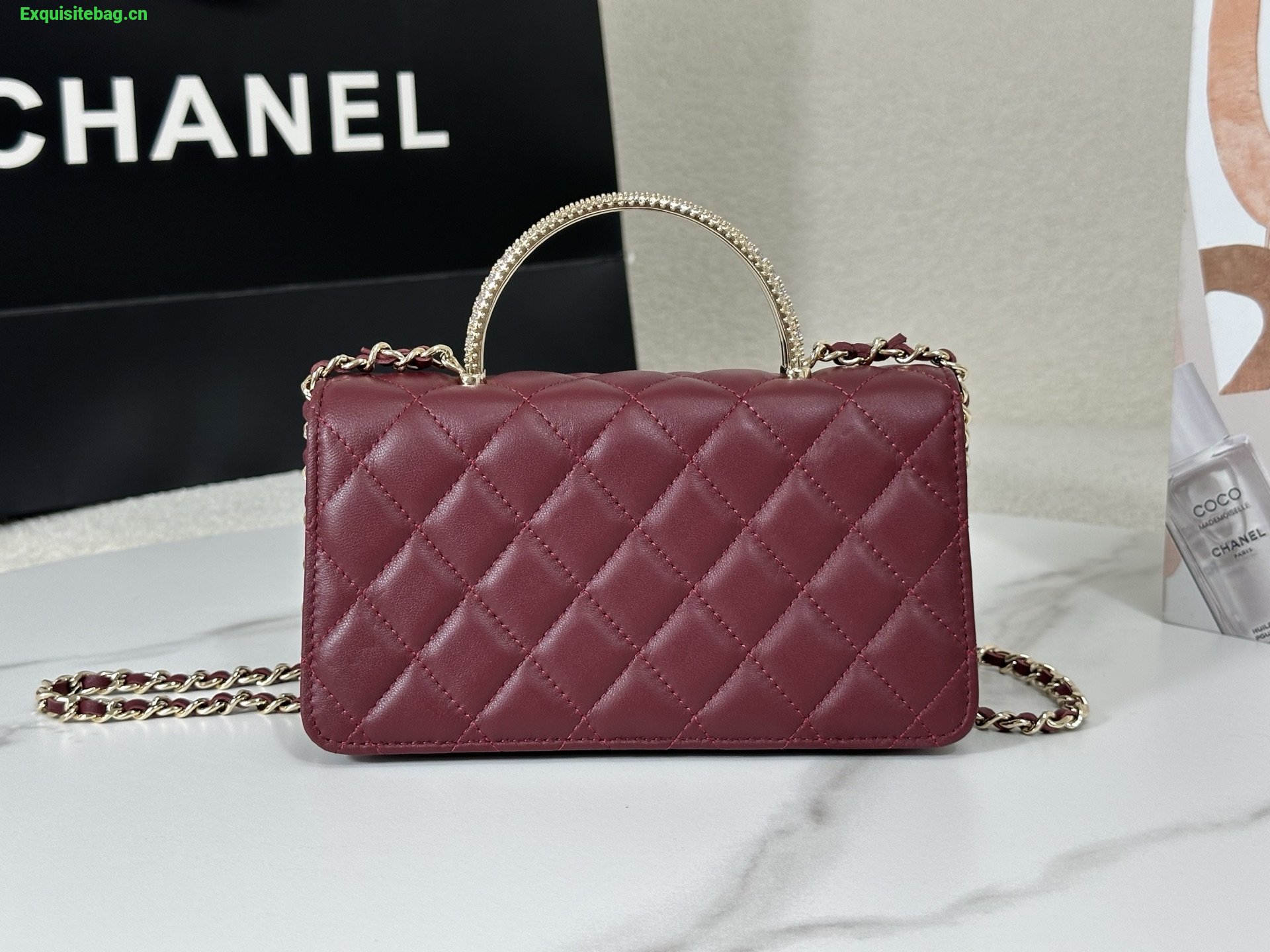 Chanel Lambskin Quilted Pick Me Up Wallet On Chain WOC Burgundy