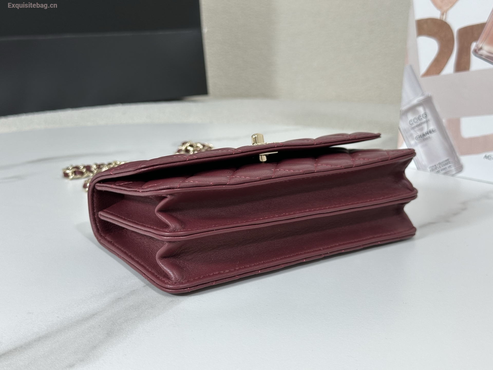 Chanel Lambskin Quilted Pick Me Up Wallet On Chain WOC Burgundy