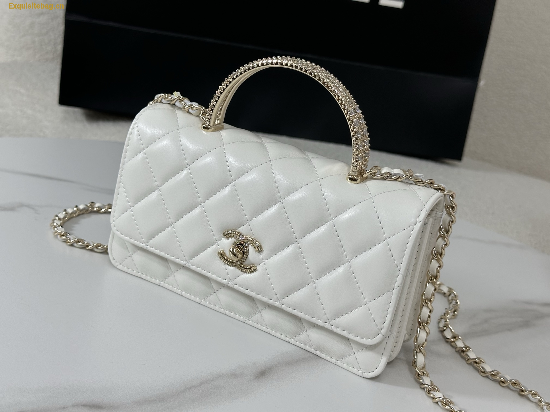 Chanel Lambskin Quilted Pick Me Up Wallet On Chain WOC White