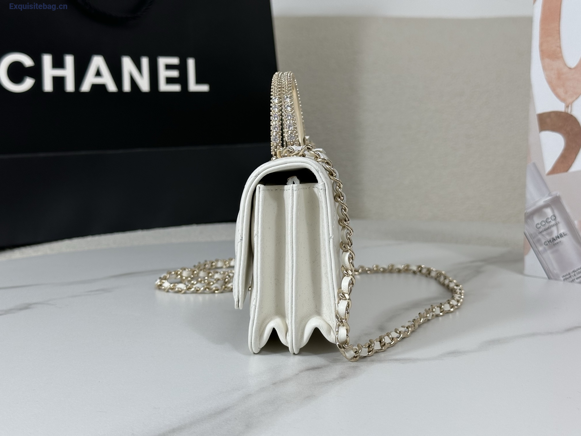 Chanel Lambskin Quilted Pick Me Up Wallet On Chain WOC White