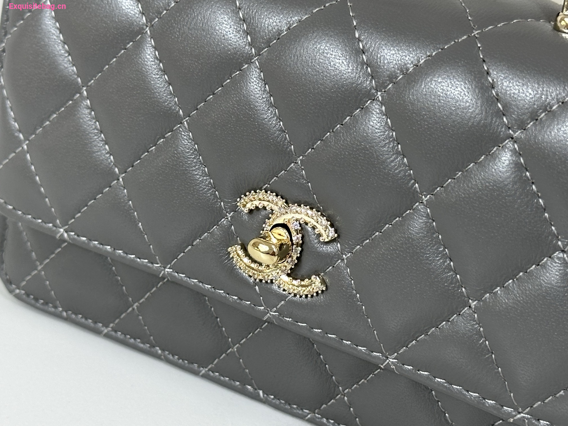 Chanel Lambskin Quilted Pick Me Up Wallet On Chain WOC Grey