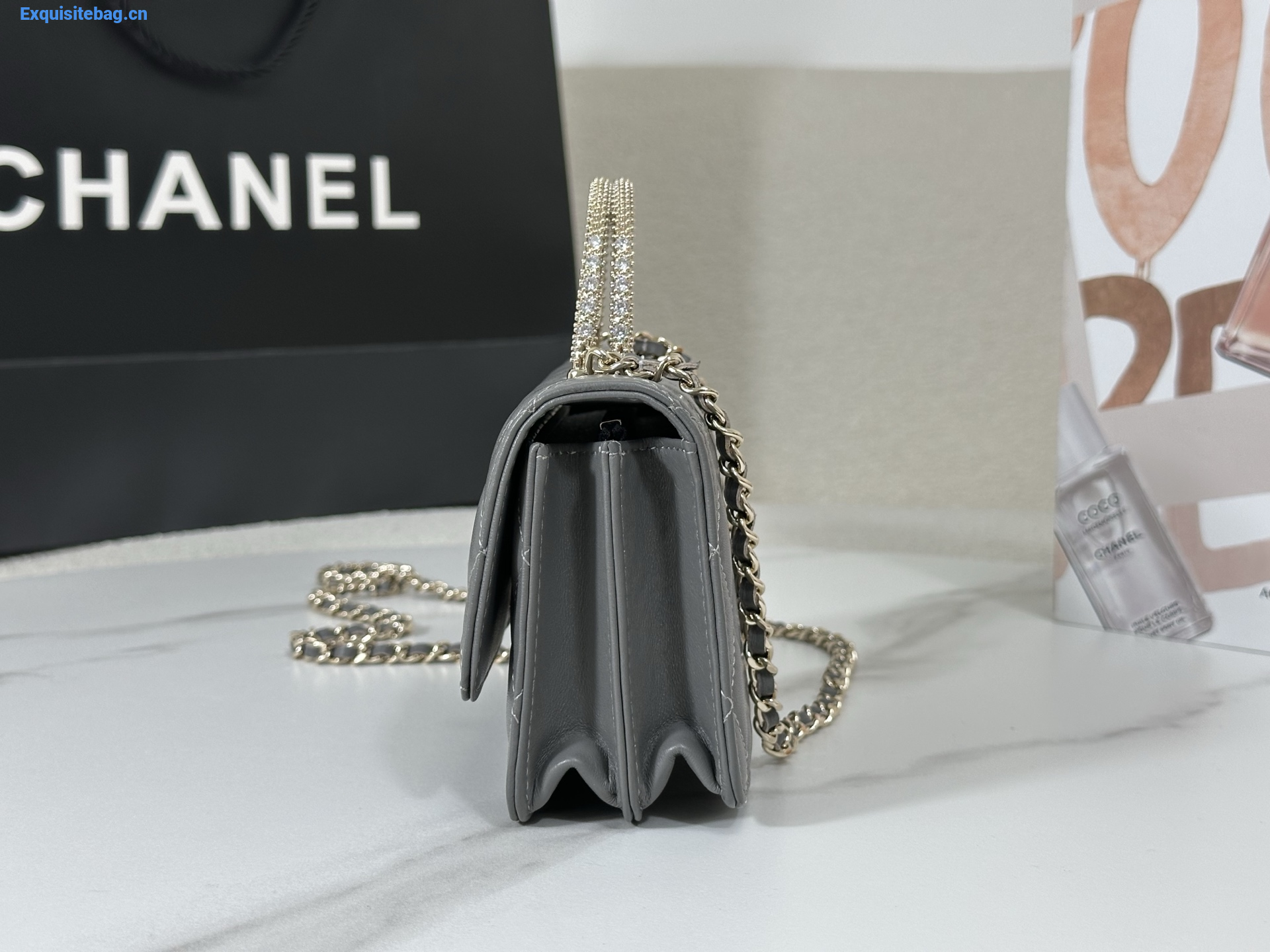 Chanel Lambskin Quilted Pick Me Up Wallet On Chain WOC Grey