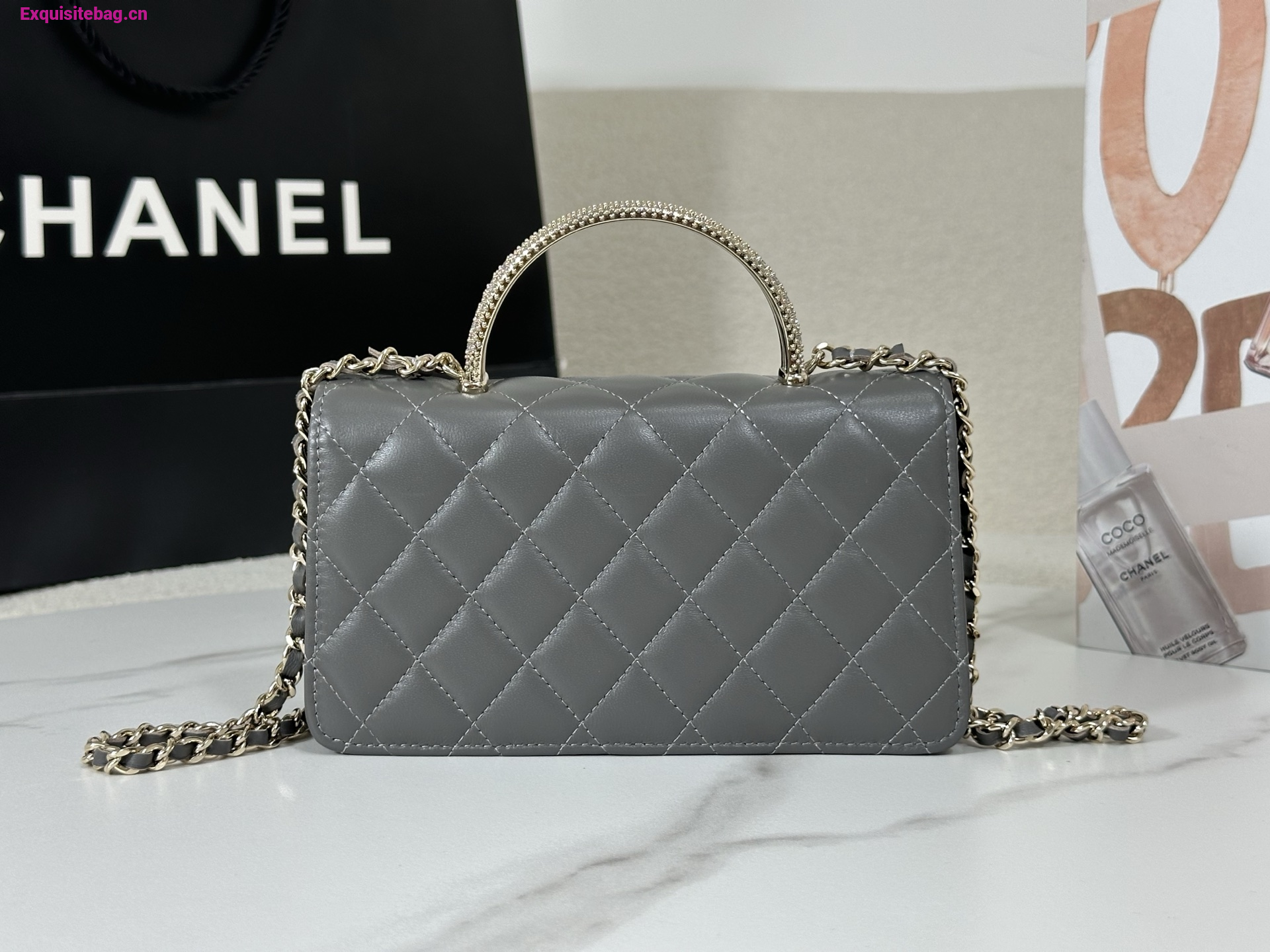 Chanel Lambskin Quilted Pick Me Up Wallet On Chain WOC Grey