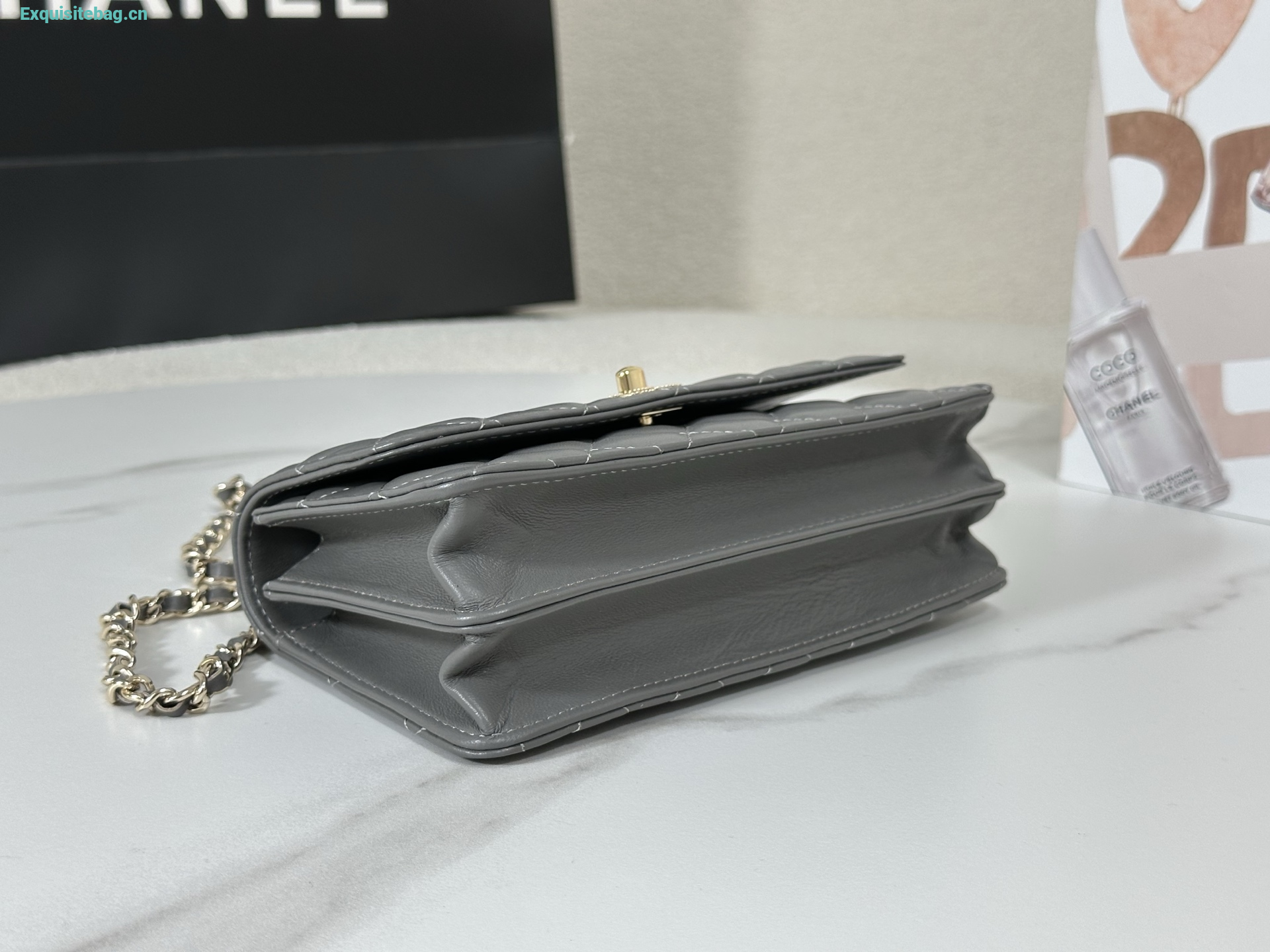 Chanel Lambskin Quilted Pick Me Up Wallet On Chain WOC Grey