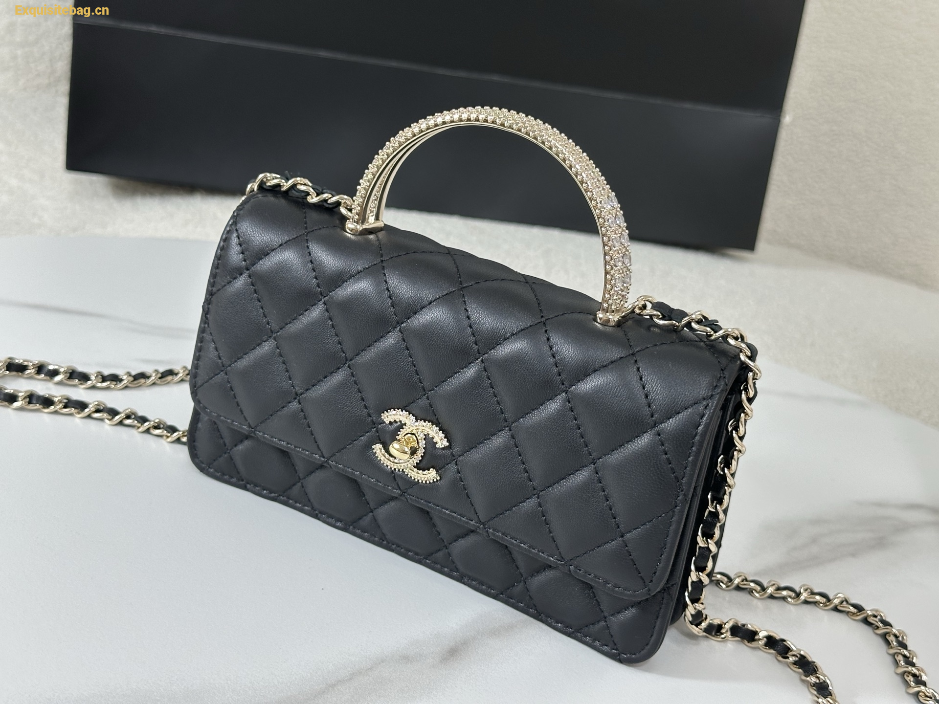 Chanel Lambskin Quilted Pick Me Up Wallet On Chain WOC Black