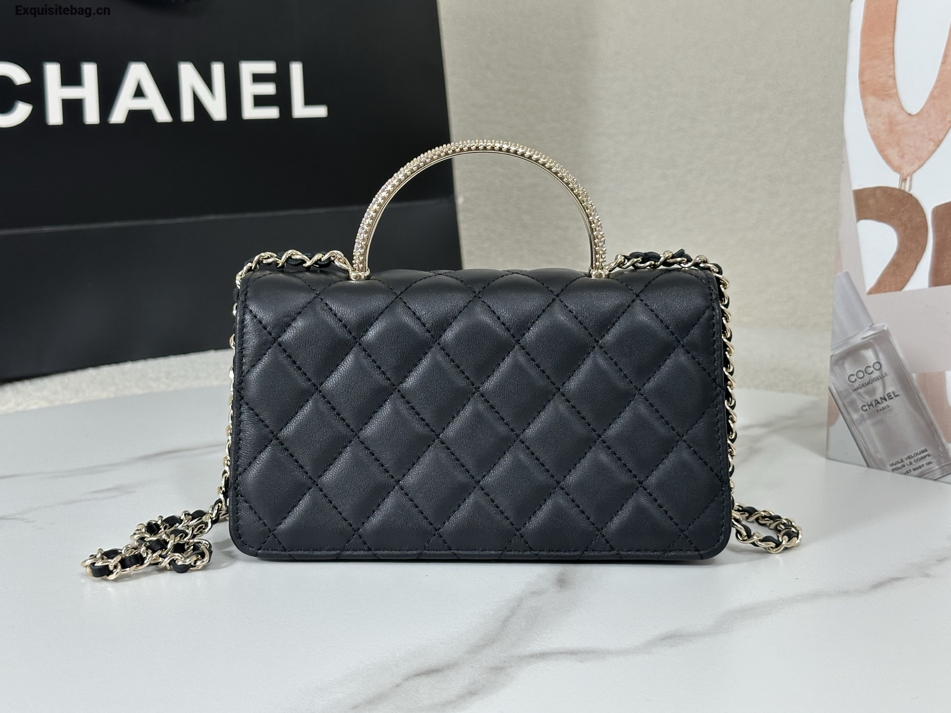 Chanel Lambskin Quilted Pick Me Up Wallet On Chain WOC Black