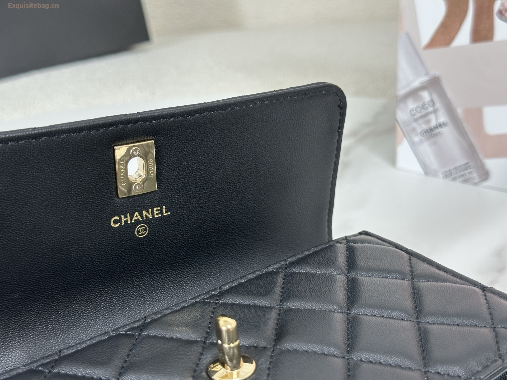 Chanel Lambskin Quilted Pick Me Up Wallet On Chain WOC Black