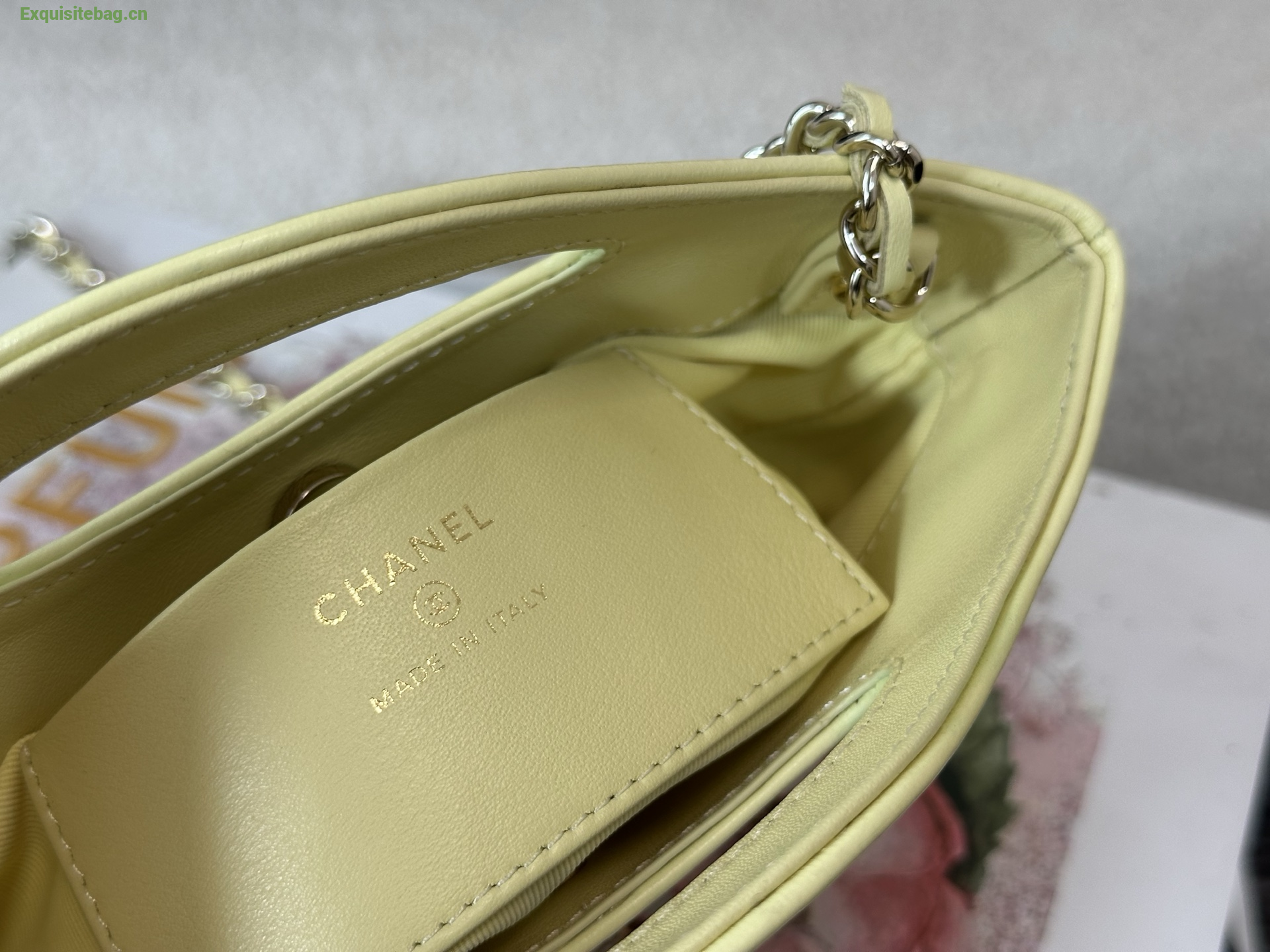 Chanel Yellow quilted leather mini tote bag with chain shoulder strap