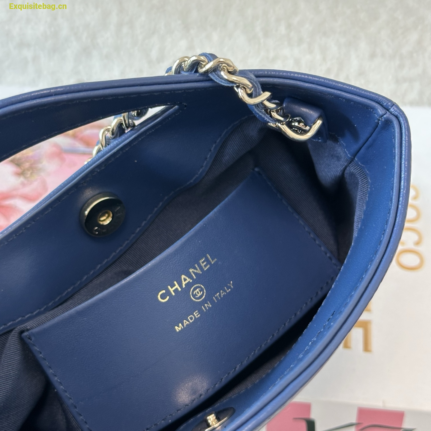Chanel Blue quilted leather mini tote bag with chain shoulder strap