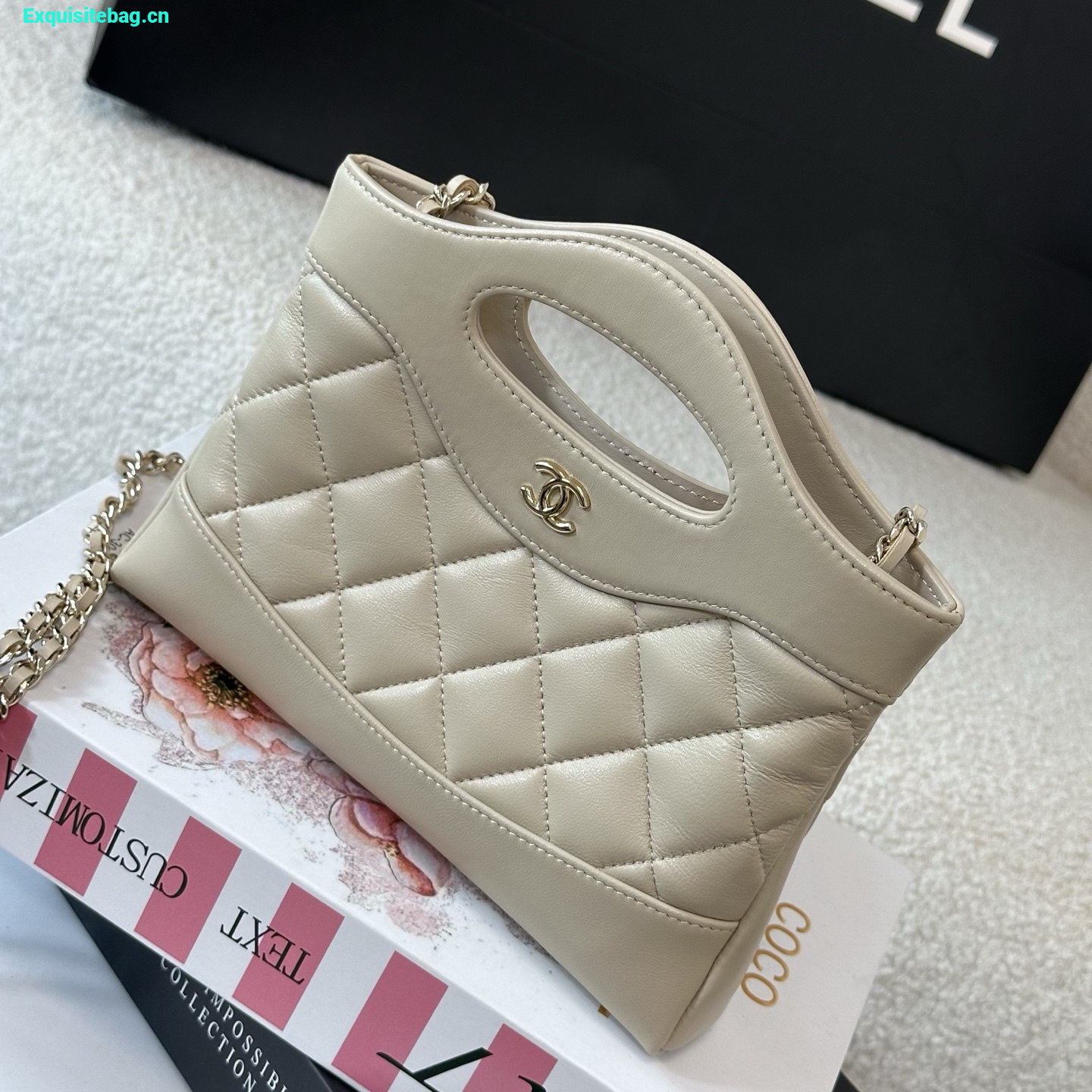 Chanel Beige quilted leather mini tote bag with chain shoulder strap