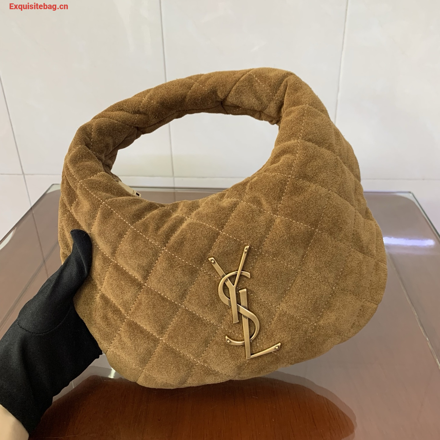 Saint Laurent Le 5 A 7 Small Embossed Suede Hobo Bag Brown