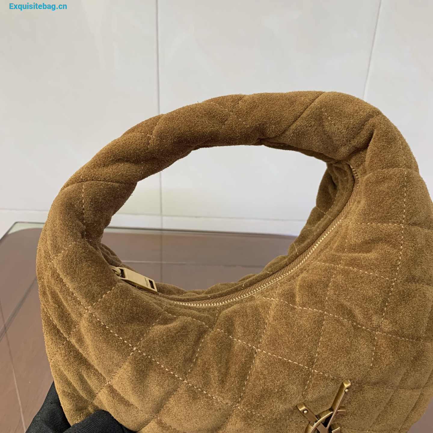 Saint Laurent Le 5 A 7 Small Embossed Suede Hobo Bag Brown