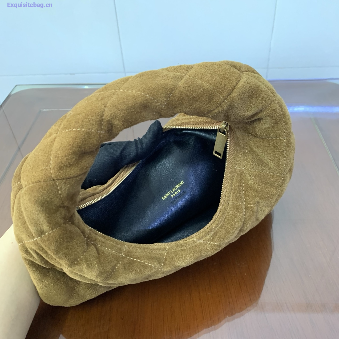 Saint Laurent Le 5 A 7 Small Embossed Suede Hobo Bag Brown