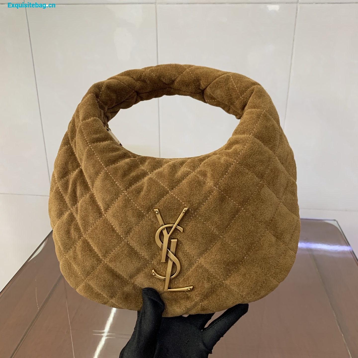 Saint Laurent Le 5 A 7 Small Embossed Suede Hobo Bag Brown