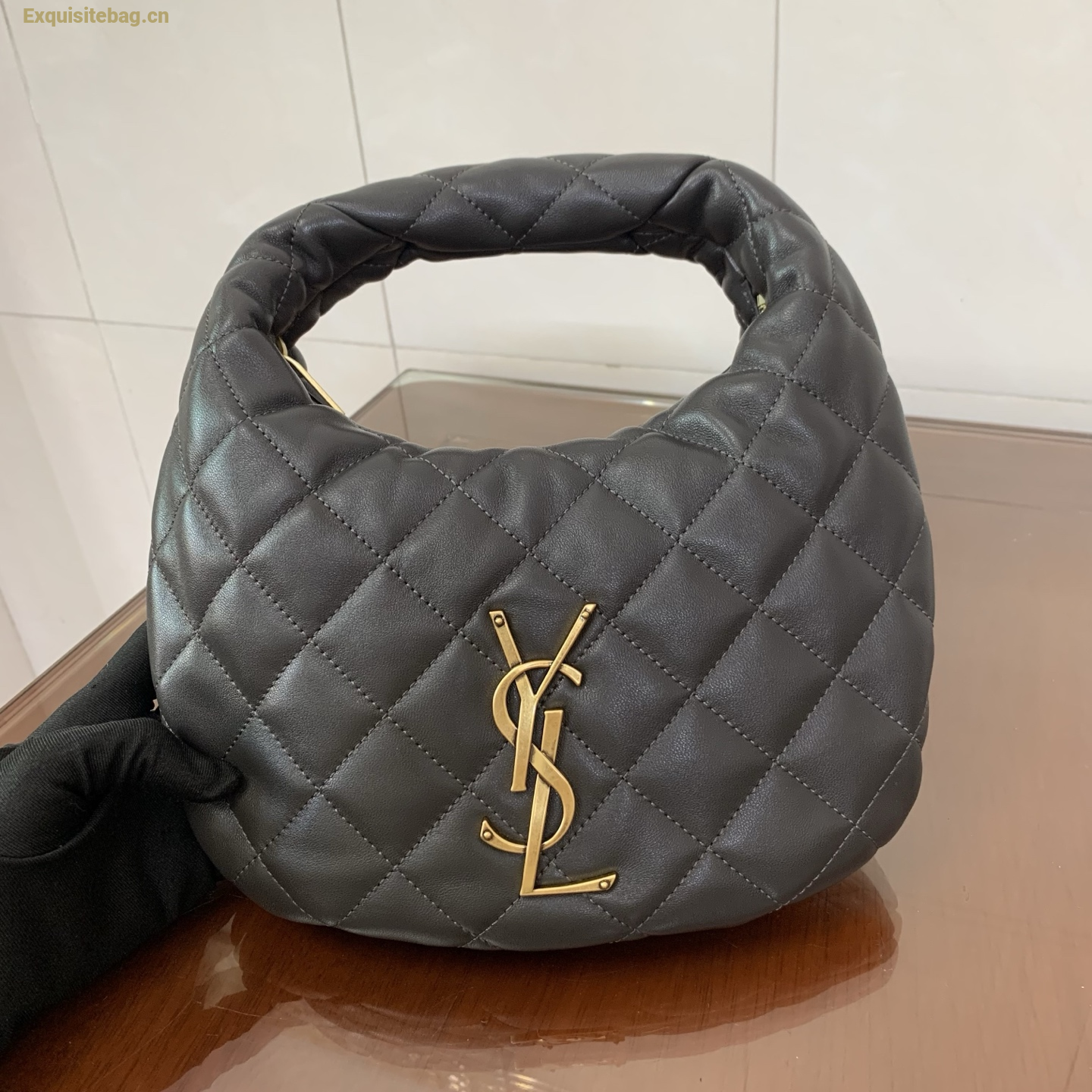 Saint Laurent Le 5 A 7 Small Embossed Suede Hobo Bag Grey