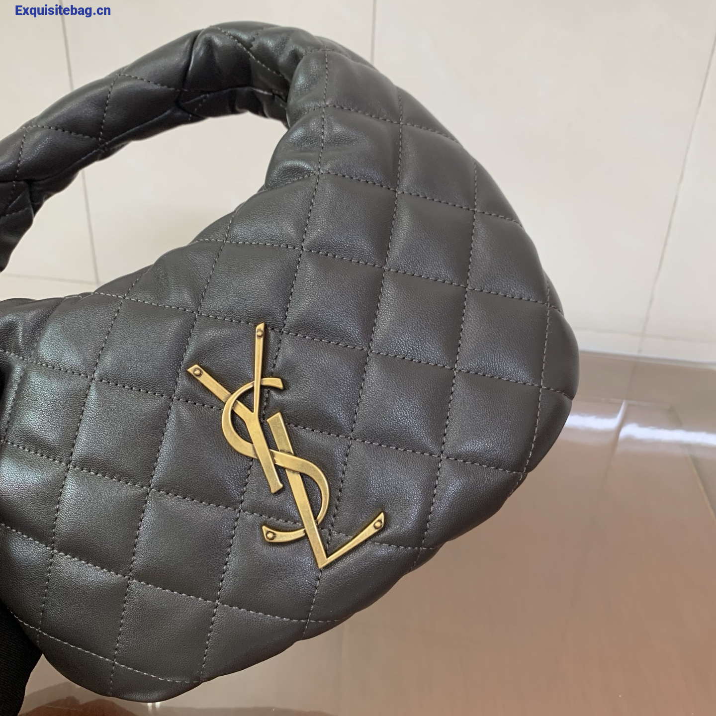 Saint Laurent Le 5 A 7 Small Embossed Suede Hobo Bag Grey