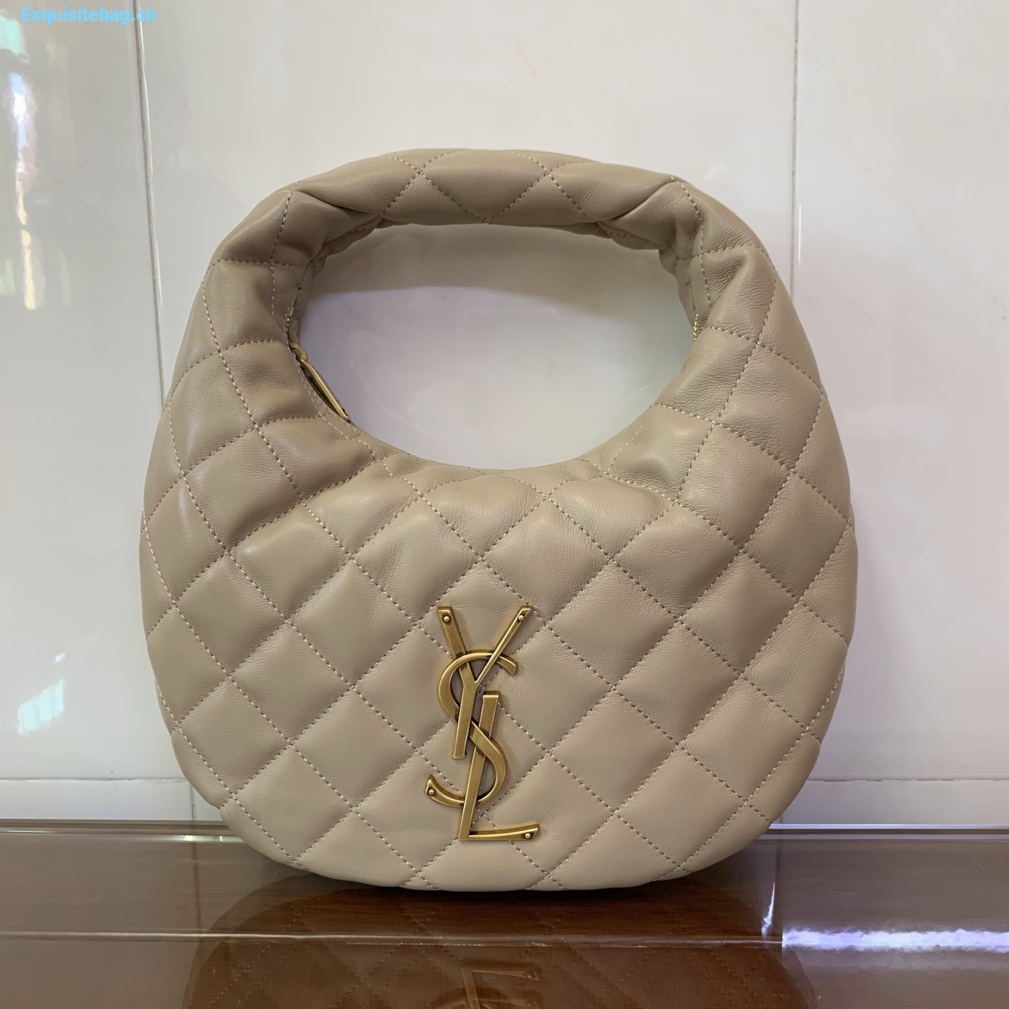 Saint Laurent Le 5 A 7 Small Embossed Suede Hobo Bag Beige