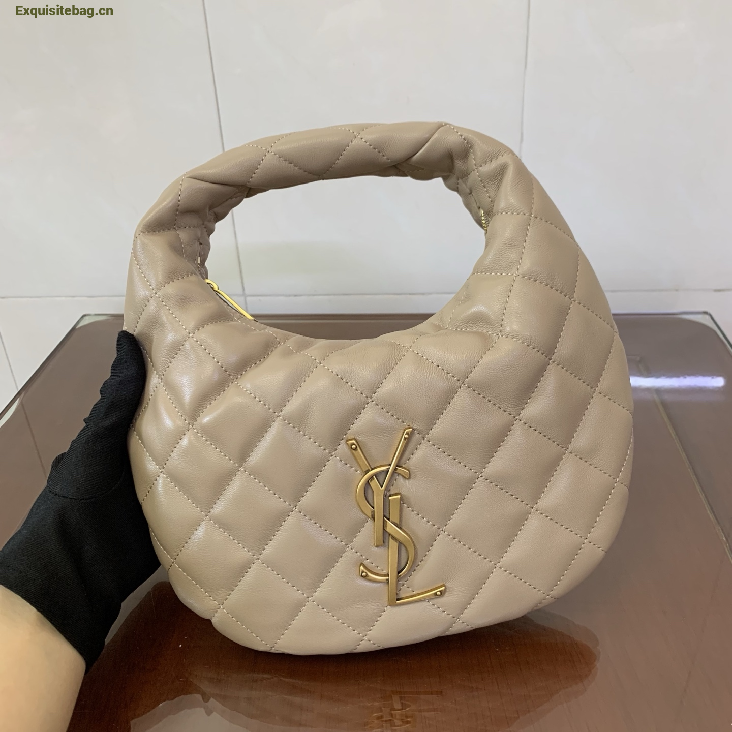 Saint Laurent Le 5 A 7 Small Embossed Suede Hobo Bag Beige