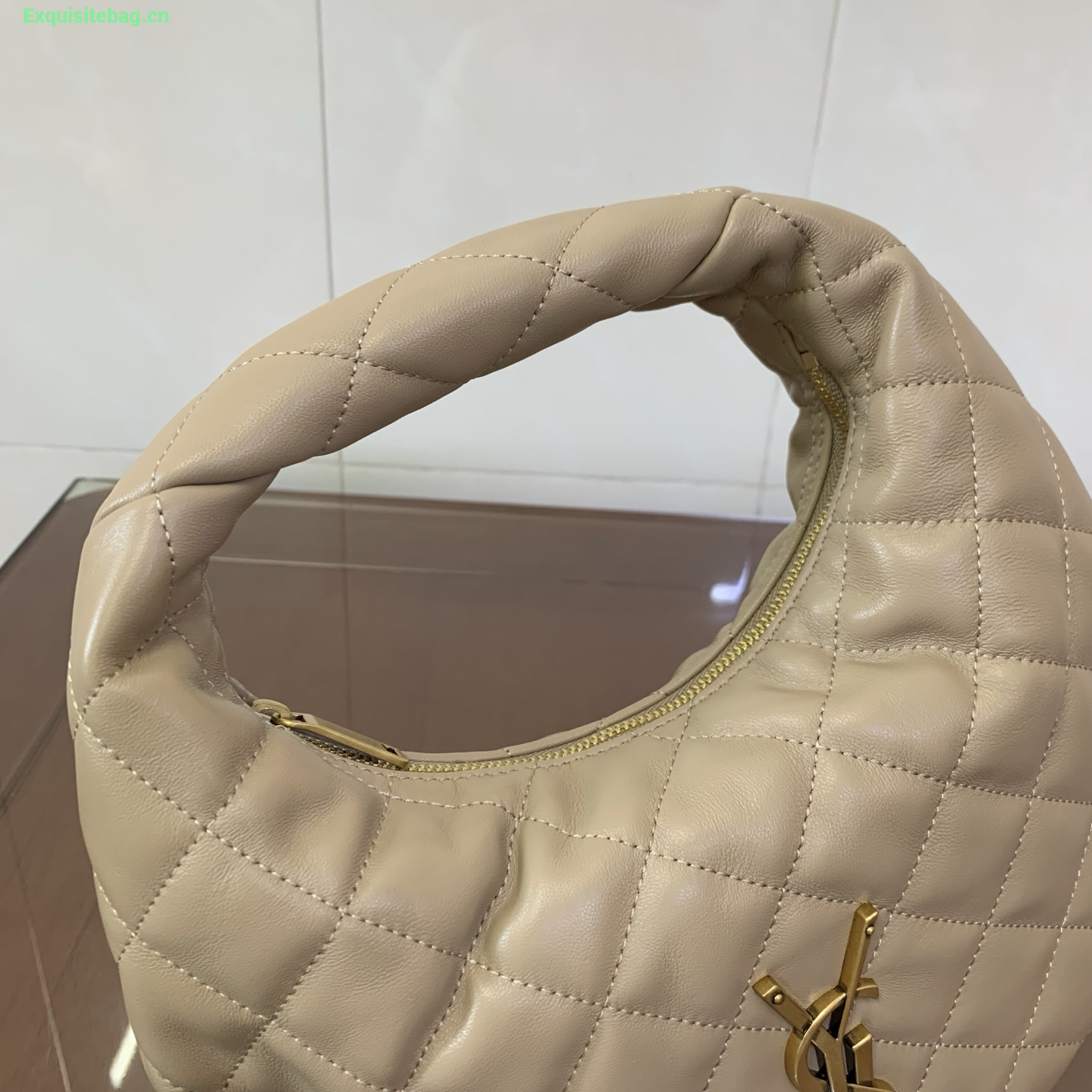 Saint Laurent Le 5 A 7 Small Embossed Suede Hobo Bag Beige