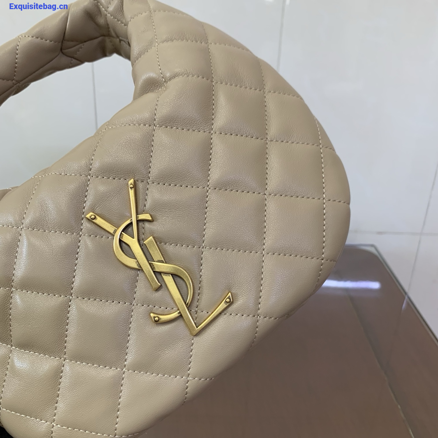 Saint Laurent Le 5 A 7 Small Embossed Suede Hobo Bag Beige