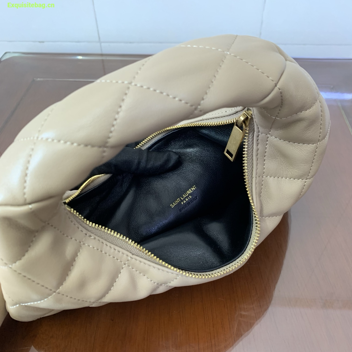 Saint Laurent Le 5 A 7 Small Embossed Suede Hobo Bag Beige