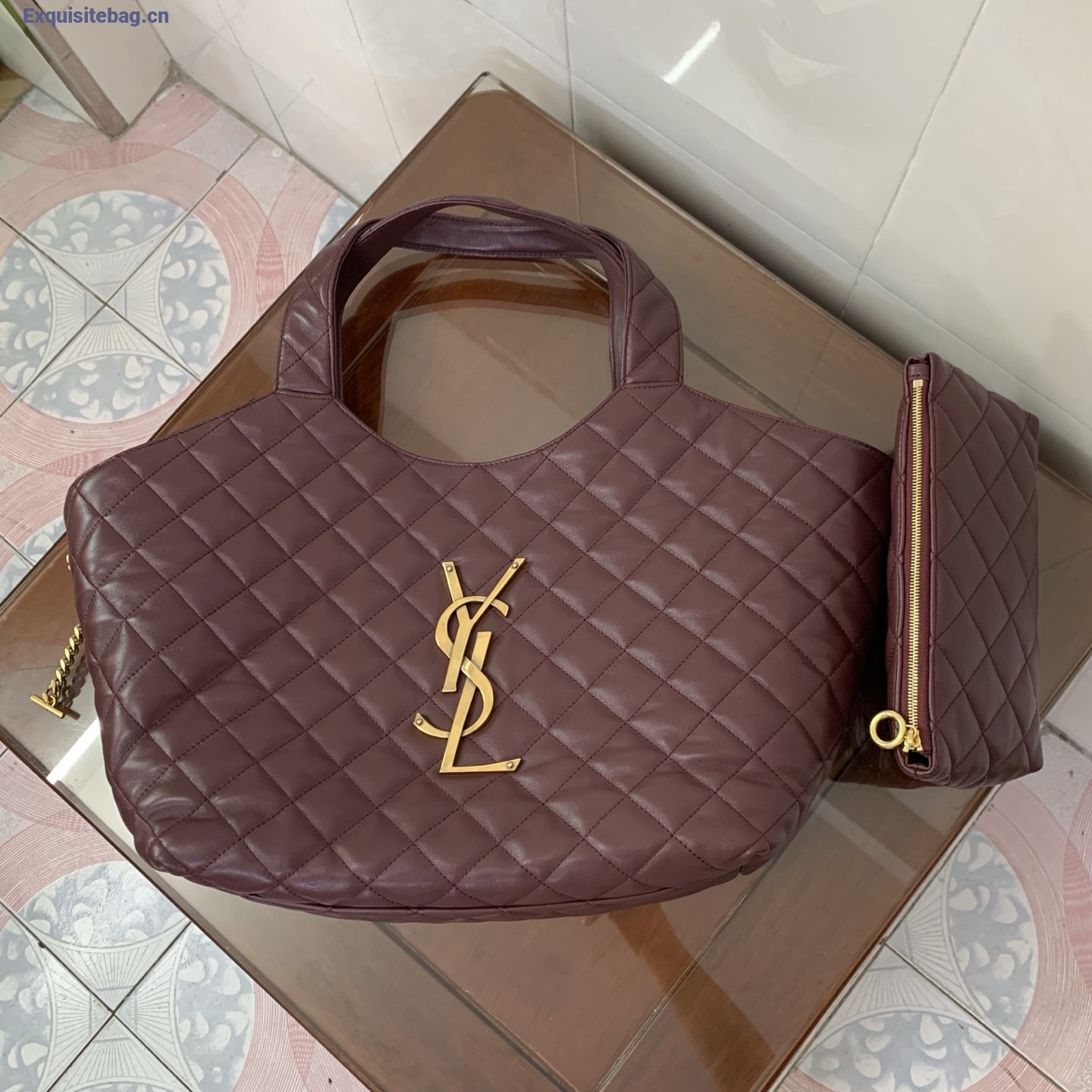 Saint Laurent Icare Extra Large Quilted Sheepskin Shopping Bag Burgundy