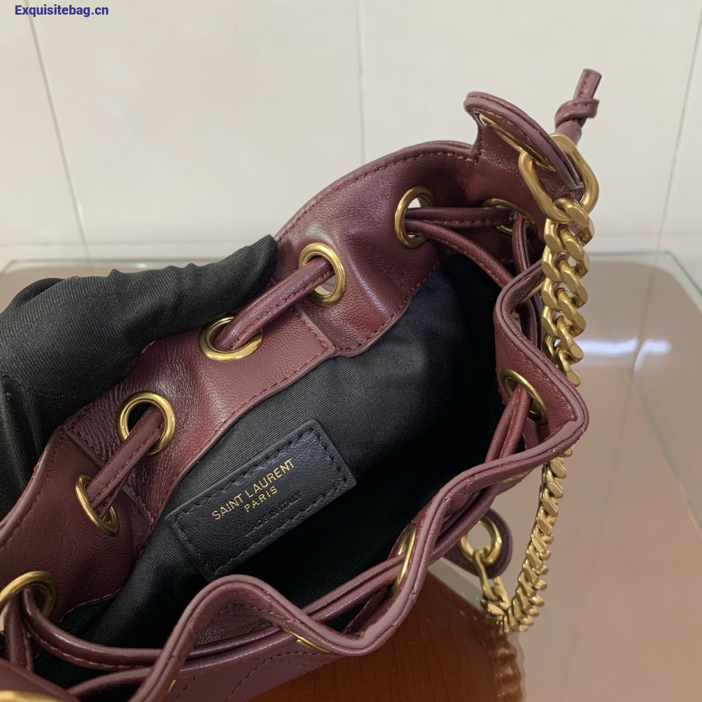 Saint Laurent Cassandra Mini leather bucket bag Burgundy