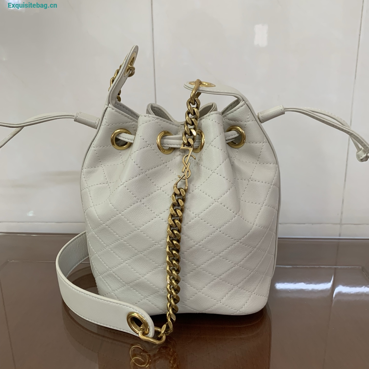 Saint Laurent Cassandra Mini leather bucket bag White