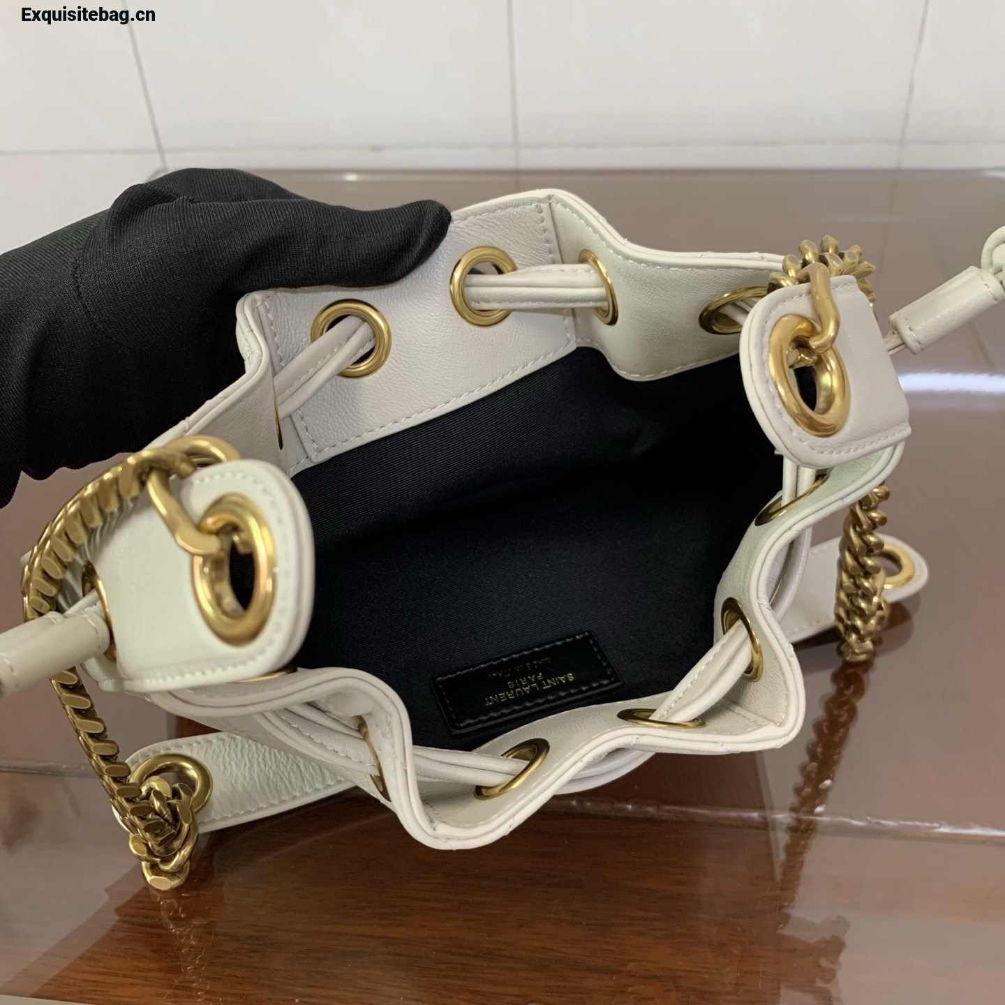 Saint Laurent Cassandra Mini leather bucket bag White