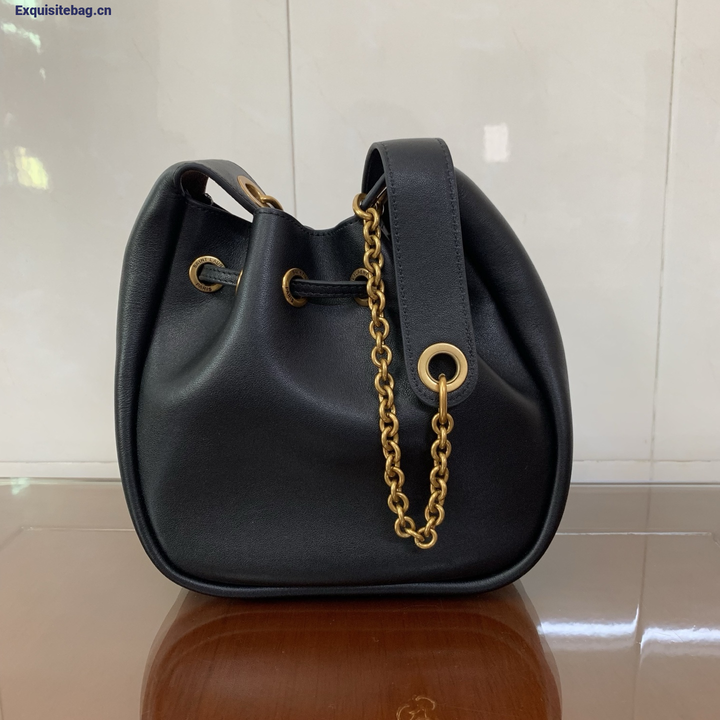 Saint Laurent Cassandre Drawstring leather bucket bag Balck