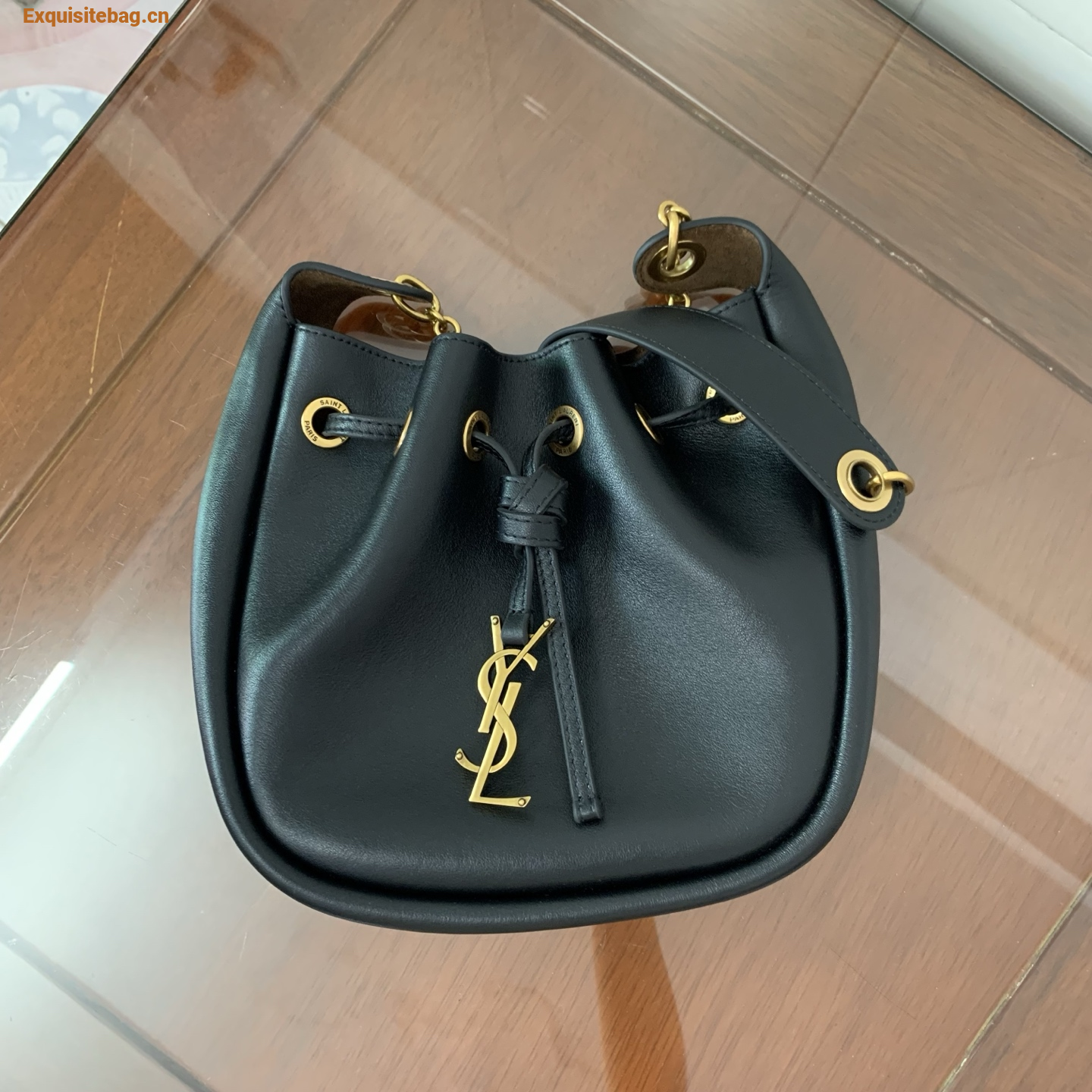 Saint Laurent Cassandre Drawstring leather bucket bag Balck