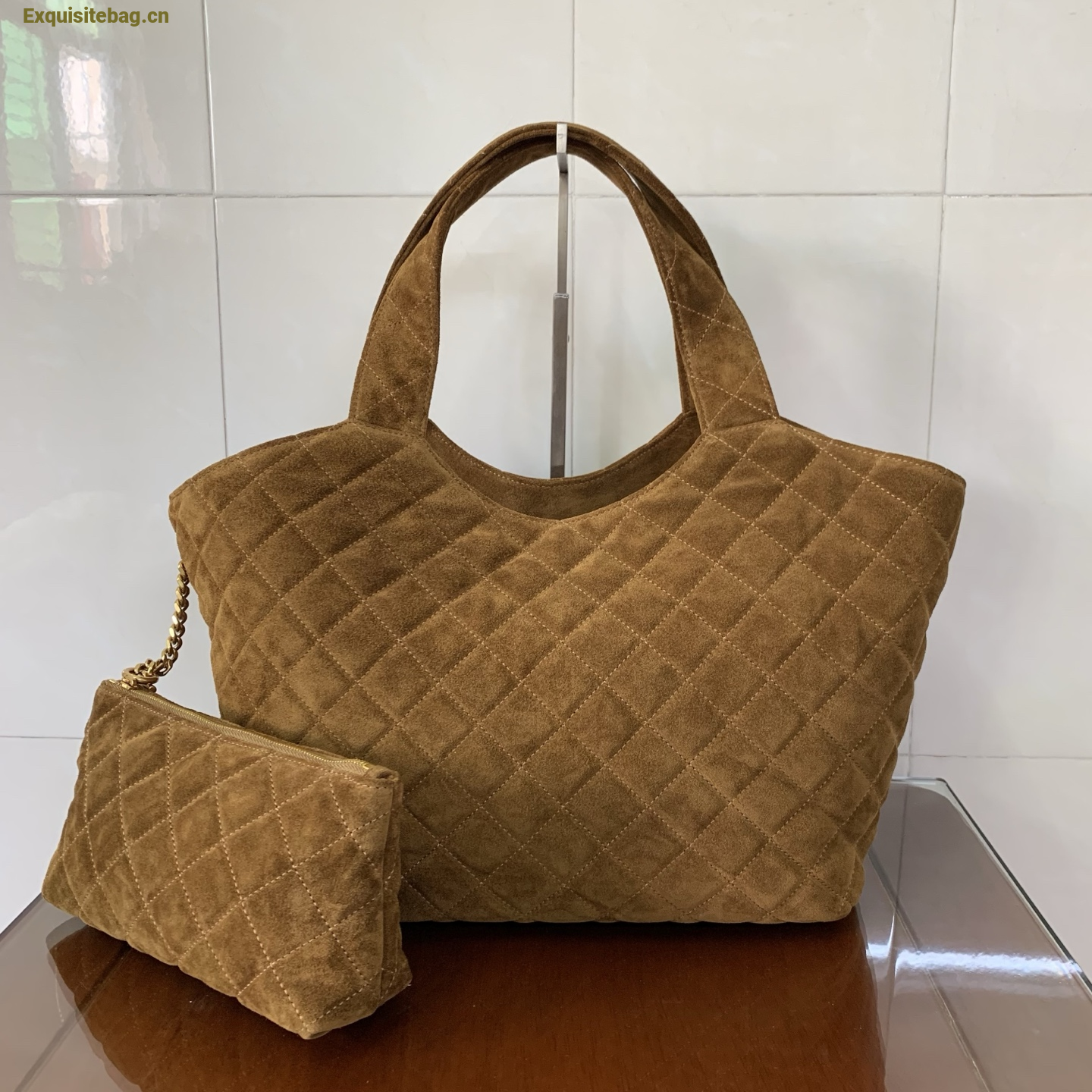 Saint Laurent Icare Medium Quilted Suede Leather Tote Bag Orange