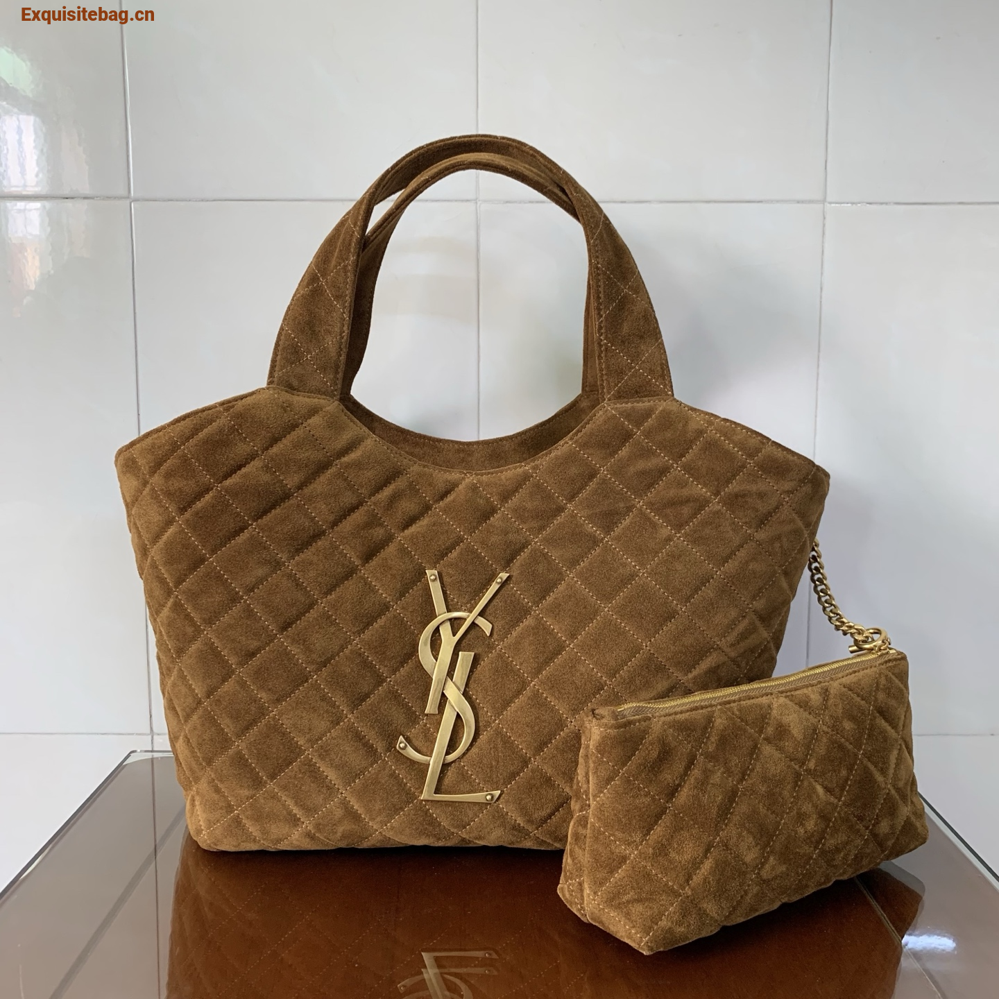 Saint Laurent Icare Medium Quilted Suede Leather Tote Bag Orange