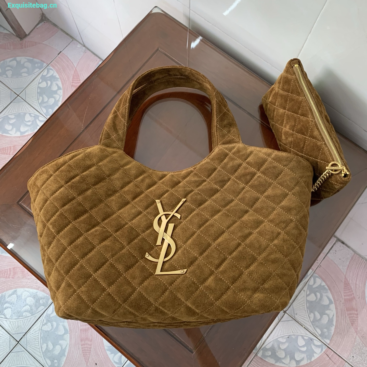 Saint Laurent Icare Medium Quilted Suede Leather Tote Bag Orange