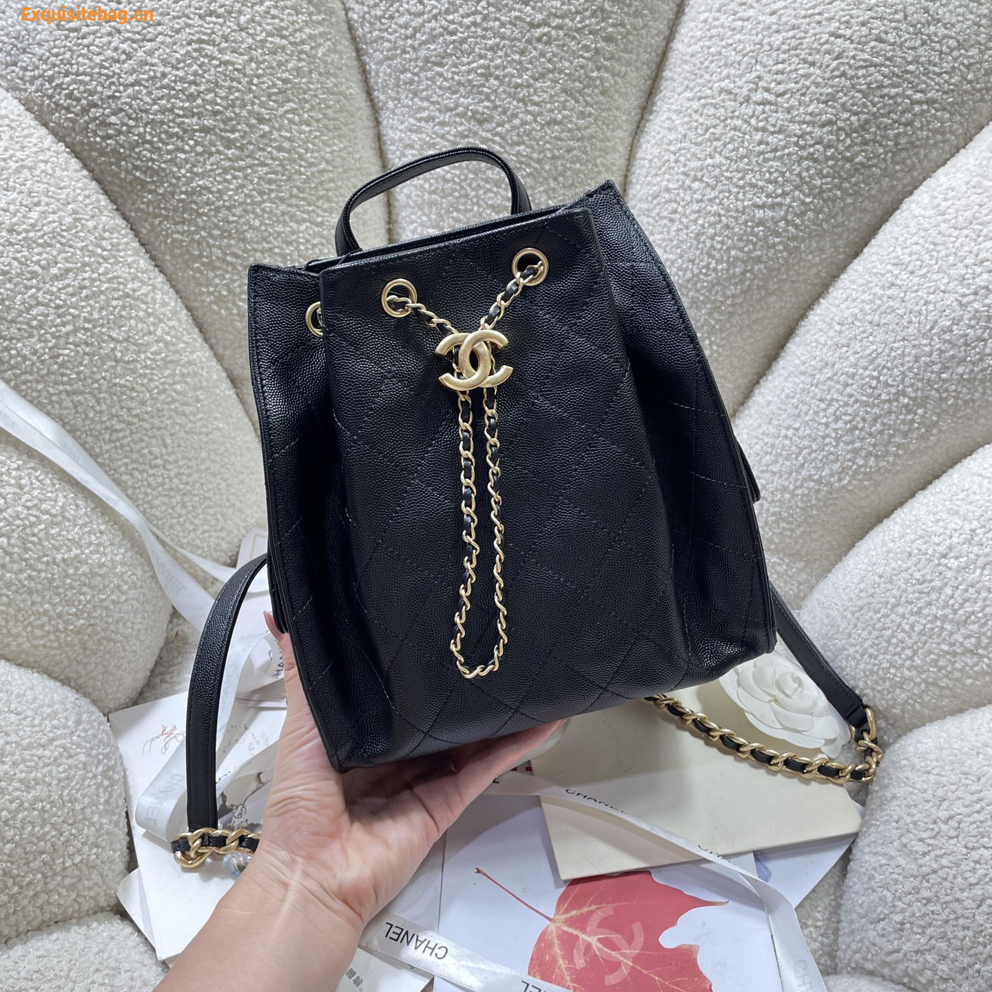 Chanel 25 Black diamond patterned drawstring handbag