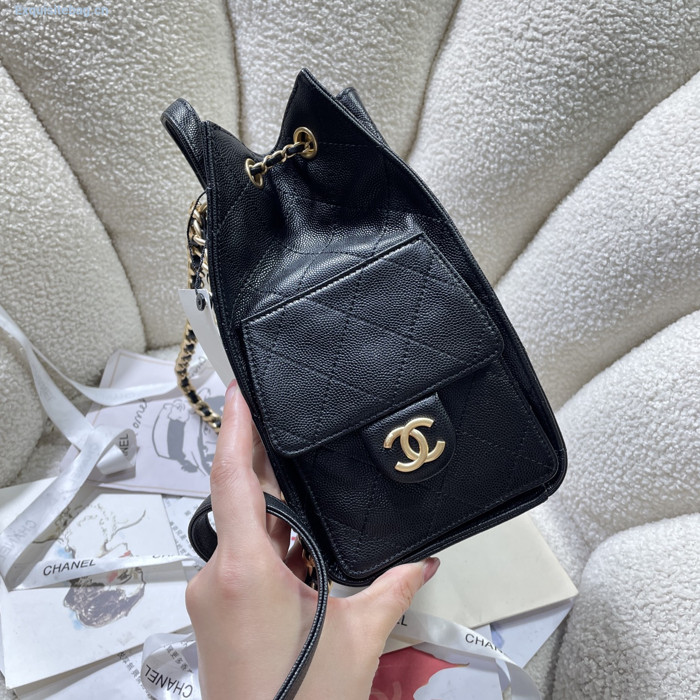 Chanel 25 Black diamond patterned drawstring handbag