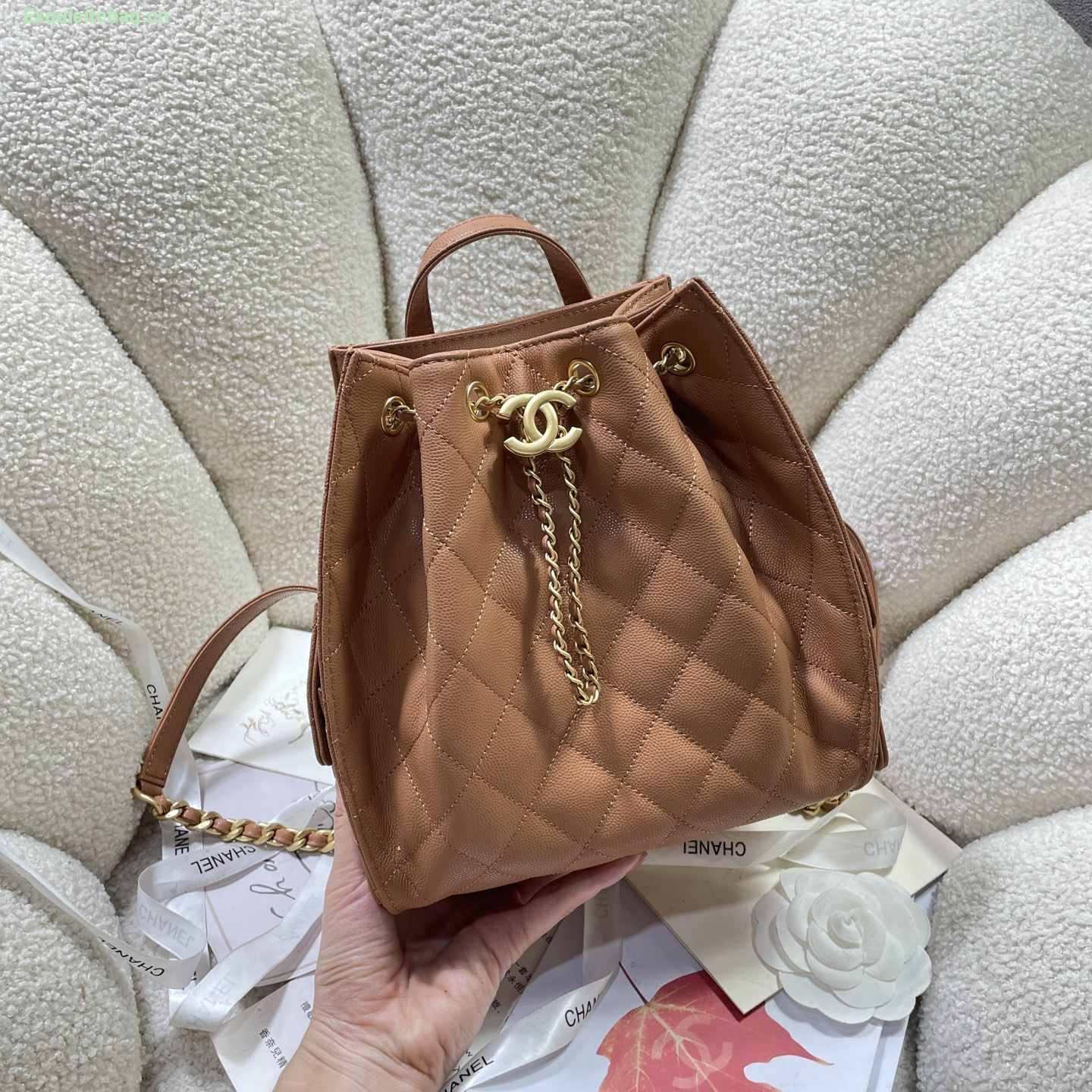 Chanel 25 Brown diamond patterned drawstring handbag