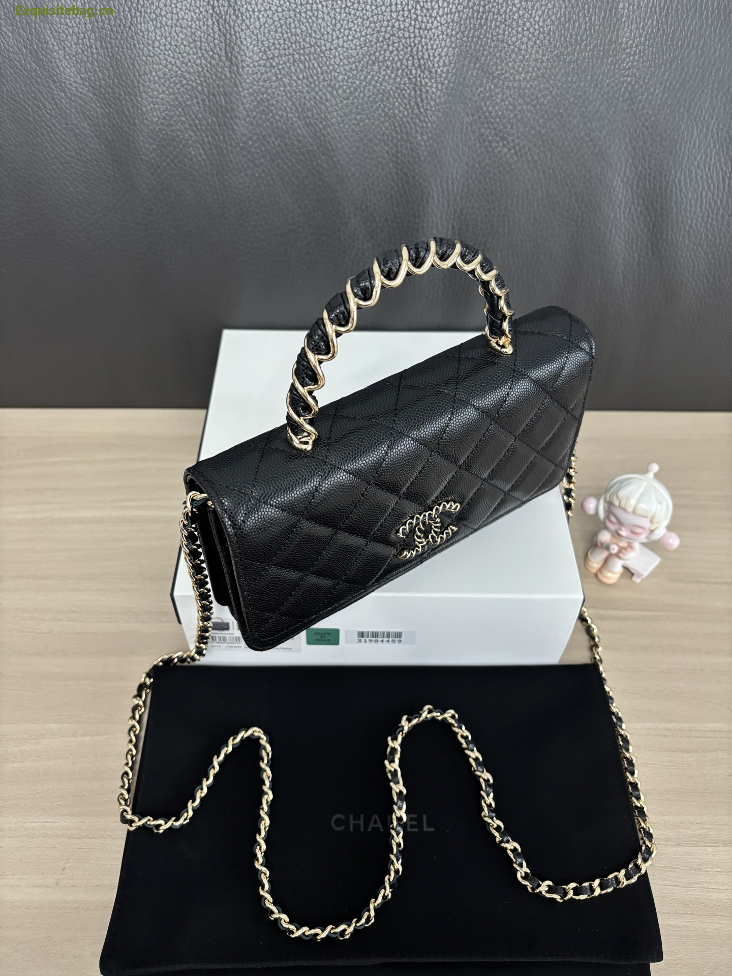 Chanel Shiny Caviar Quilted Strass CC Wallet On Chain WOC Black