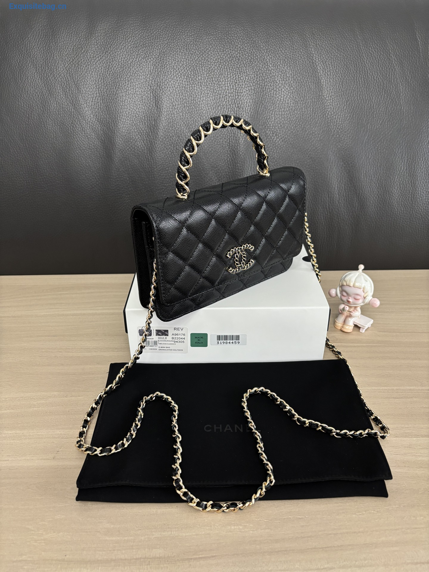 Chanel Shiny Caviar Quilted Strass CC Wallet On Chain WOC Black