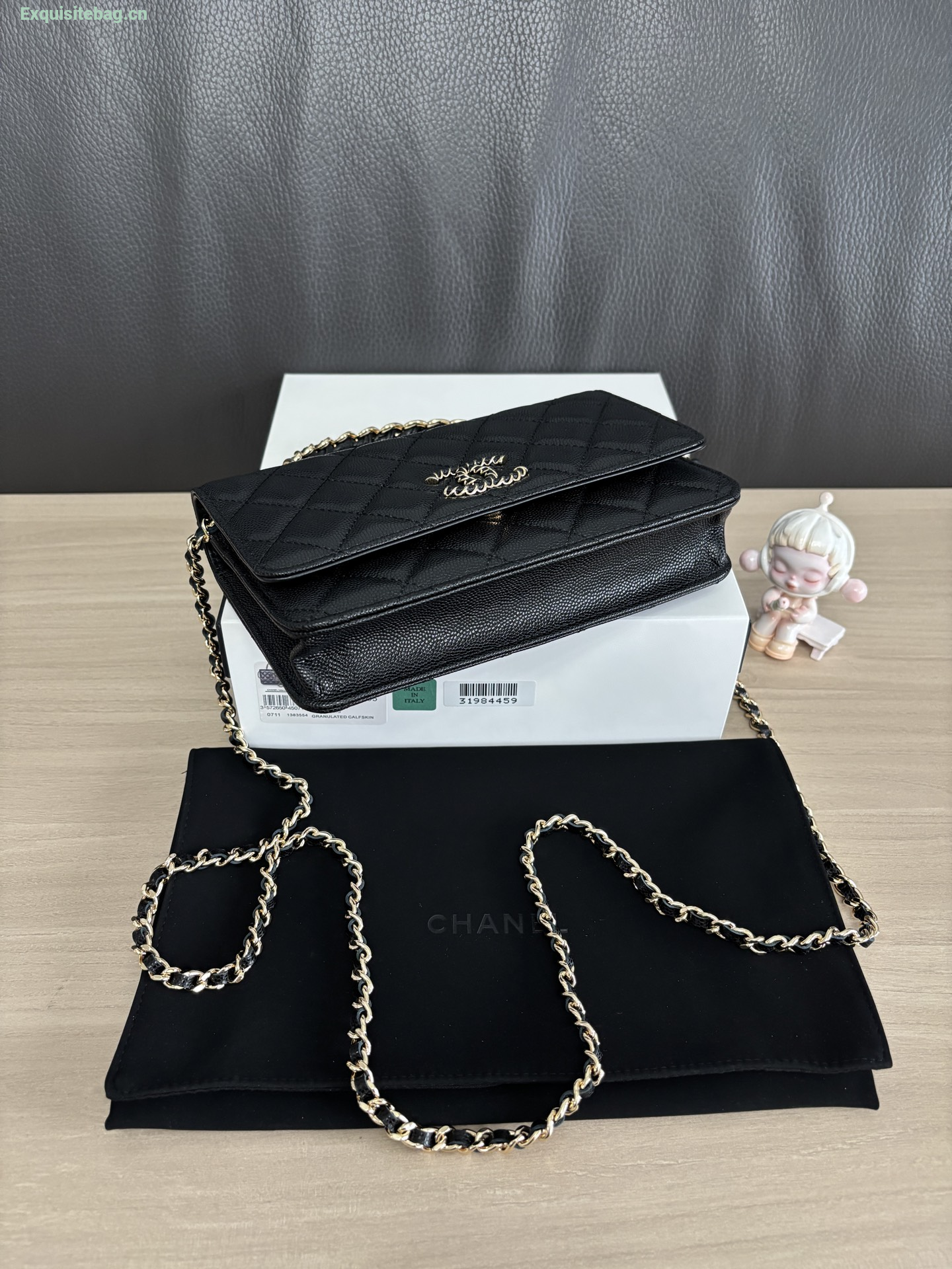 Chanel Shiny Caviar Quilted Strass CC Wallet On Chain WOC Black