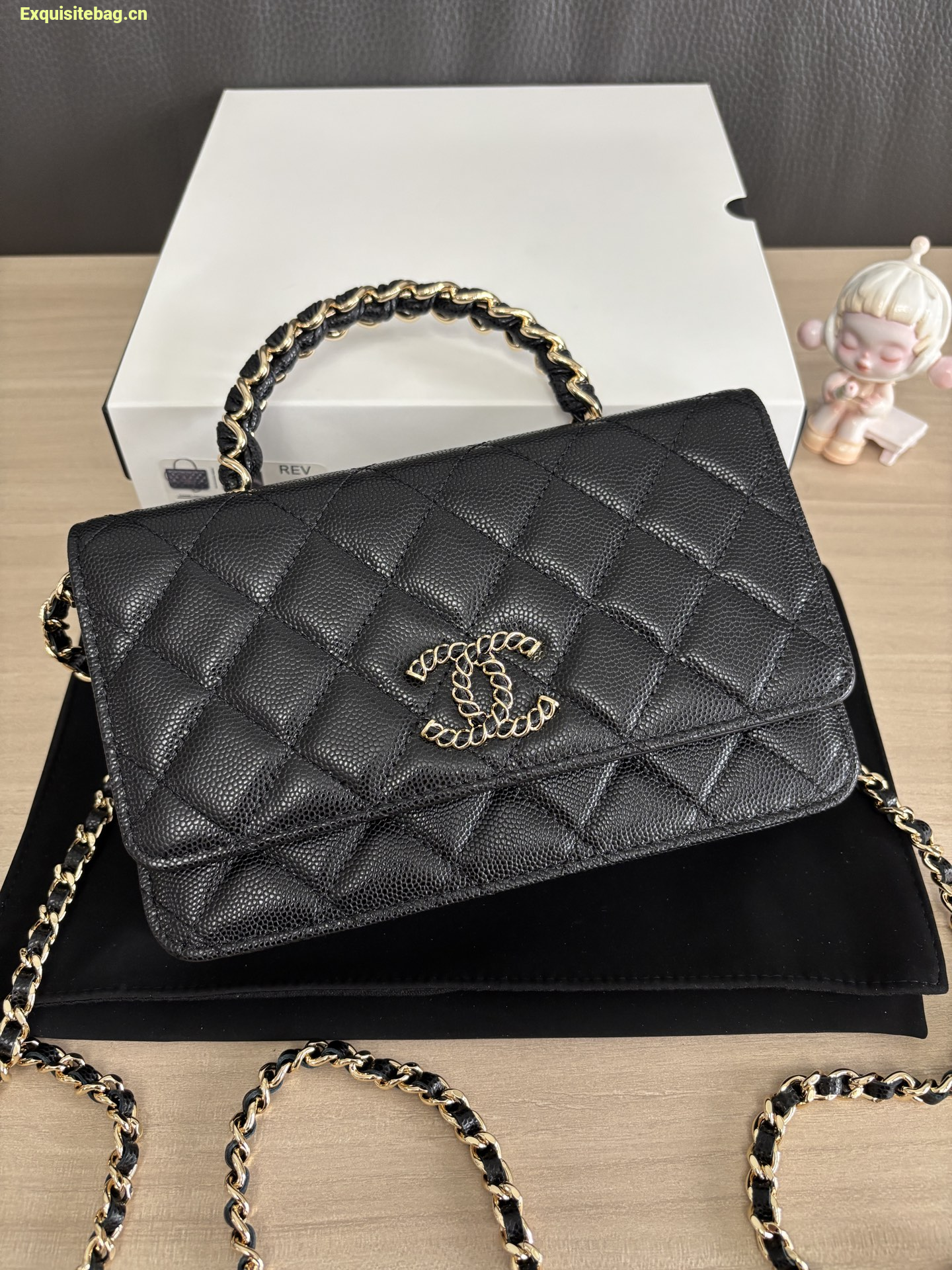 Chanel Shiny Caviar Quilted Strass CC Wallet On Chain WOC Black