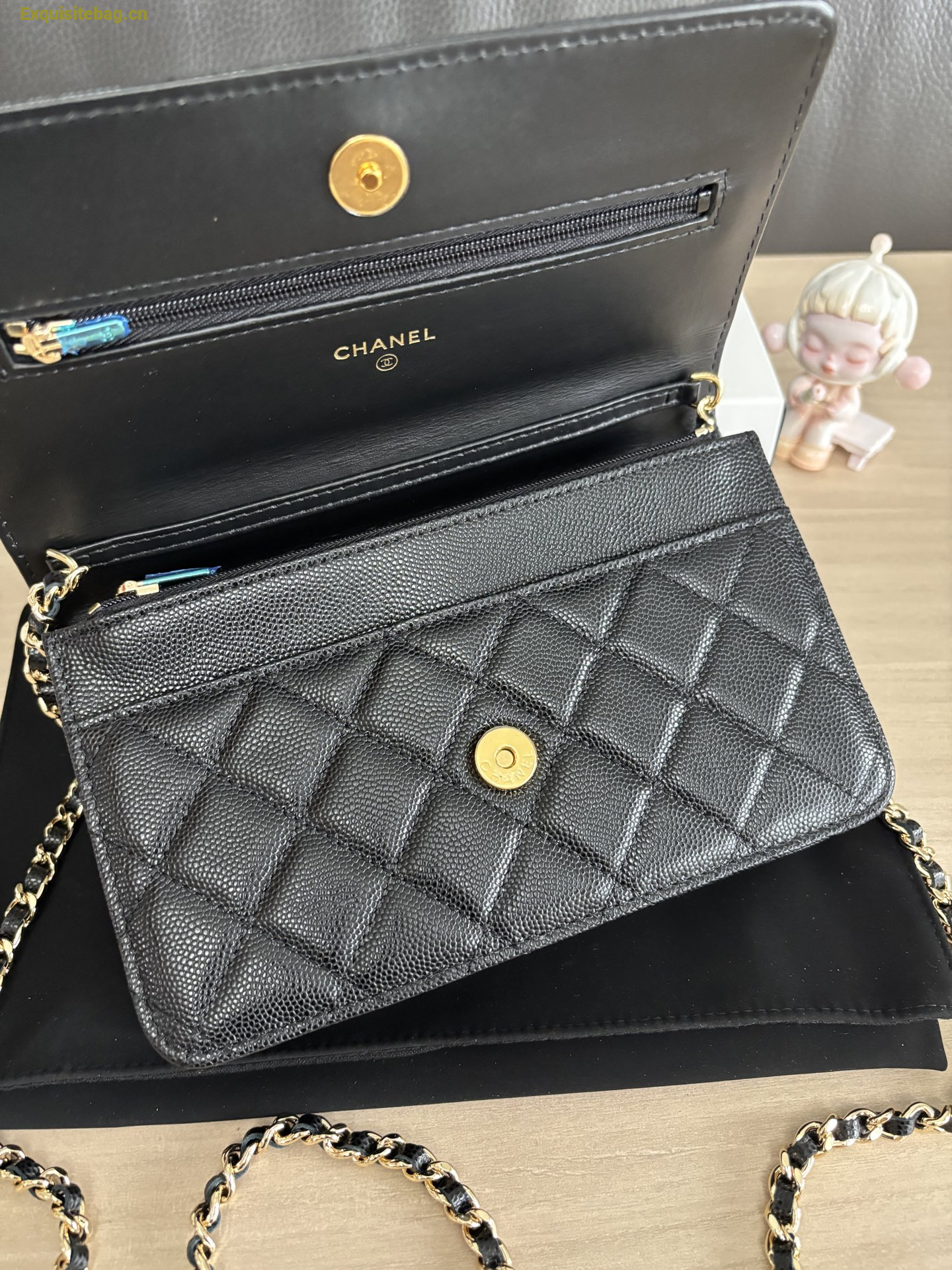 Chanel Shiny Caviar Quilted Strass CC Wallet On Chain WOC Black