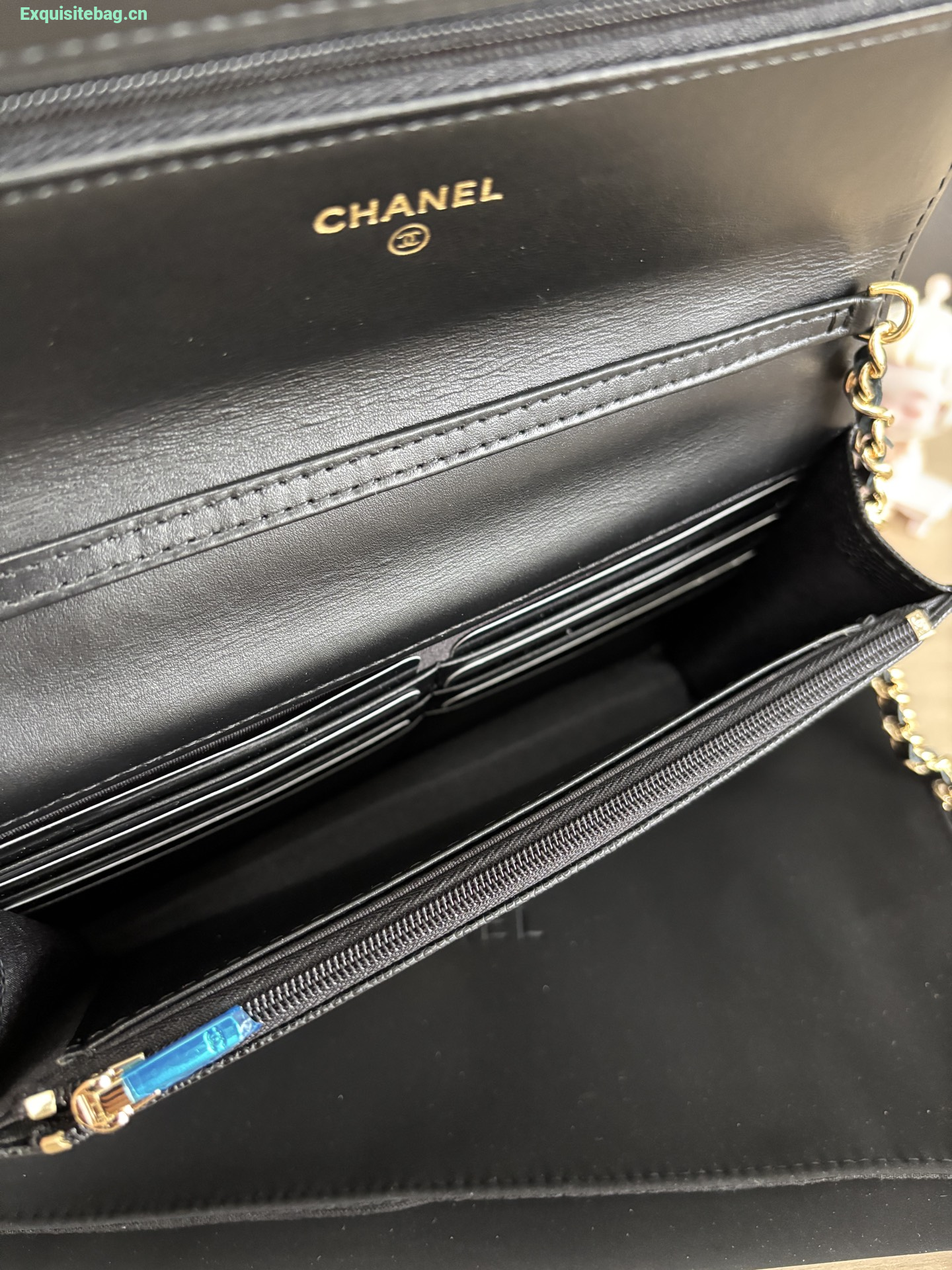 Chanel Shiny Caviar Quilted Strass CC Wallet On Chain WOC Black
