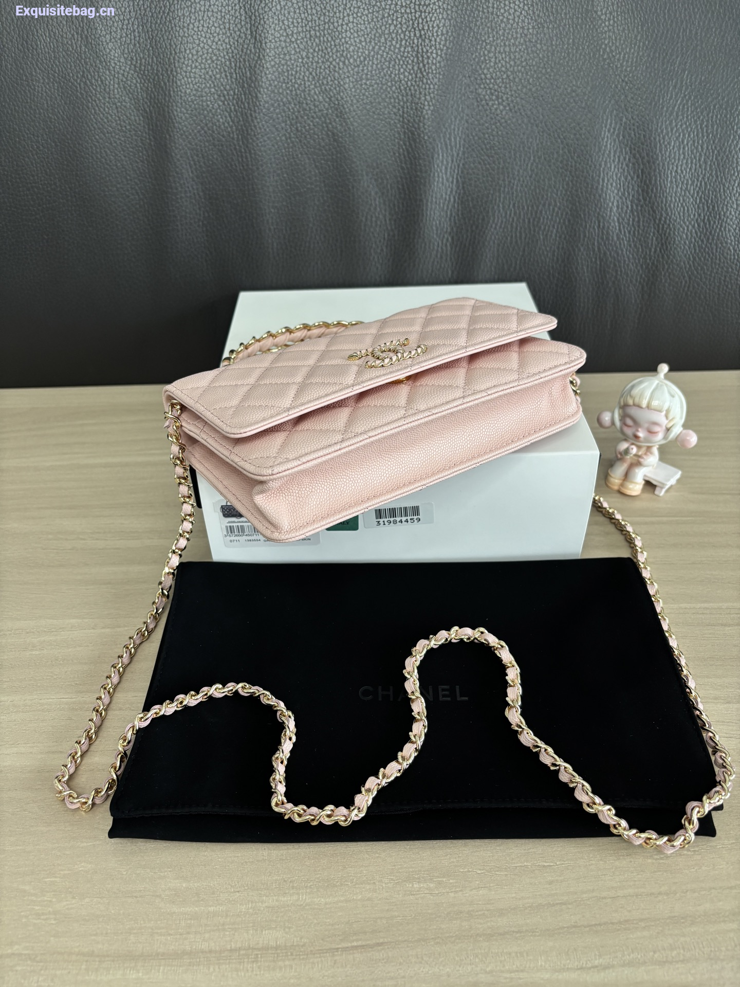 Chanel Shiny Caviar Quilted Strass CC Wallet On Chain WOC Pink