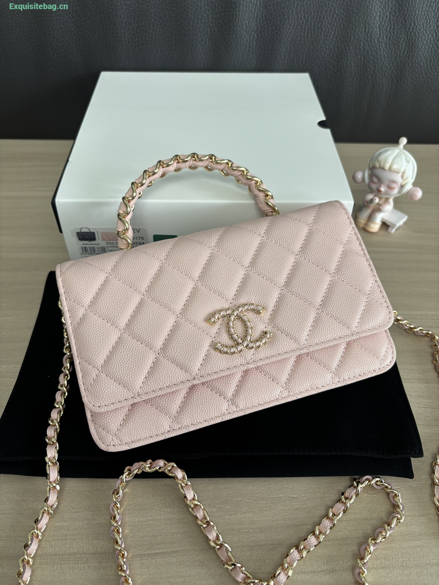 Chanel Shiny Caviar Quilted Strass CC Wallet On Chain WOC Pink