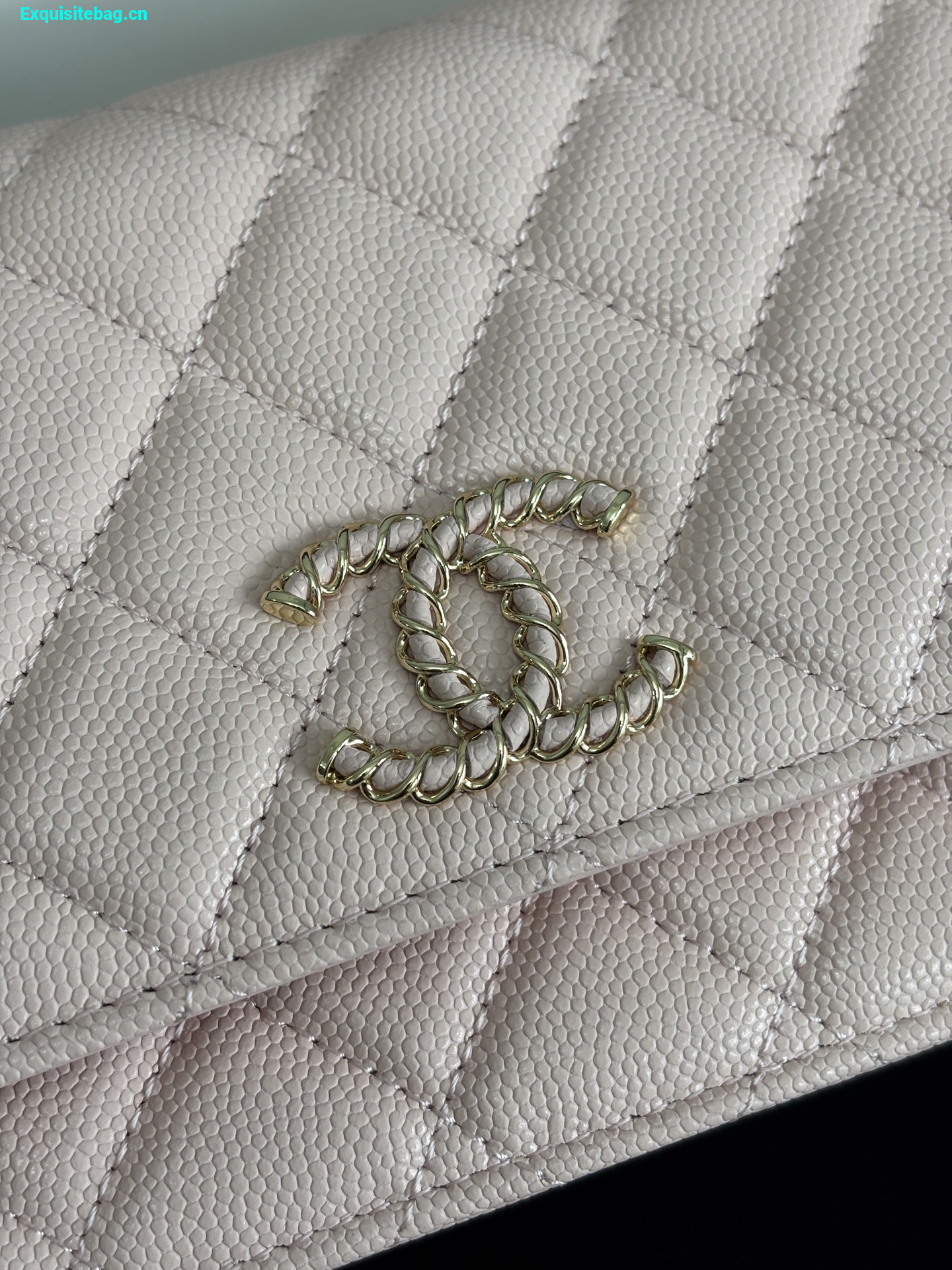 Chanel Shiny Caviar Quilted Strass CC Wallet On Chain WOC Pink