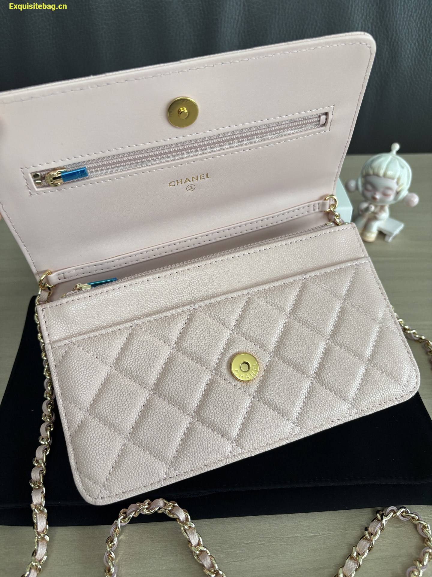 Chanel Shiny Caviar Quilted Strass CC Wallet On Chain WOC Pink