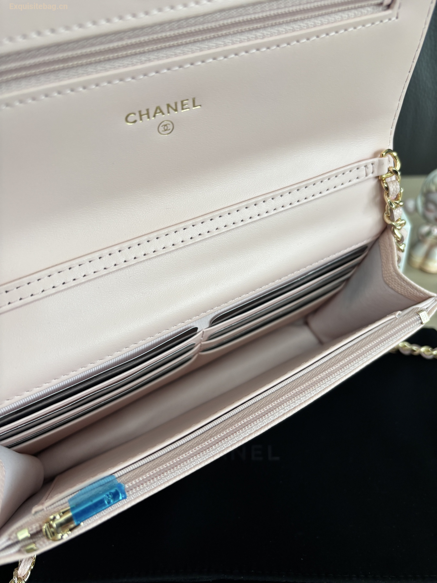 Chanel Shiny Caviar Quilted Strass CC Wallet On Chain WOC Pink